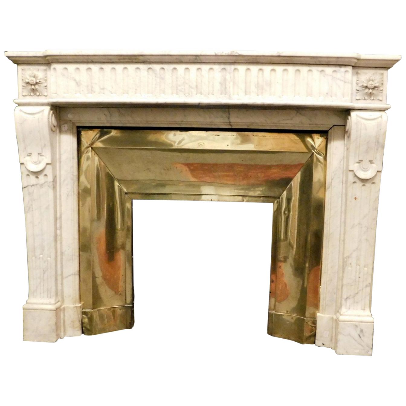 Antique Louis XVI White Marble Fireplace with Original Brass Counter-Heart, 1700