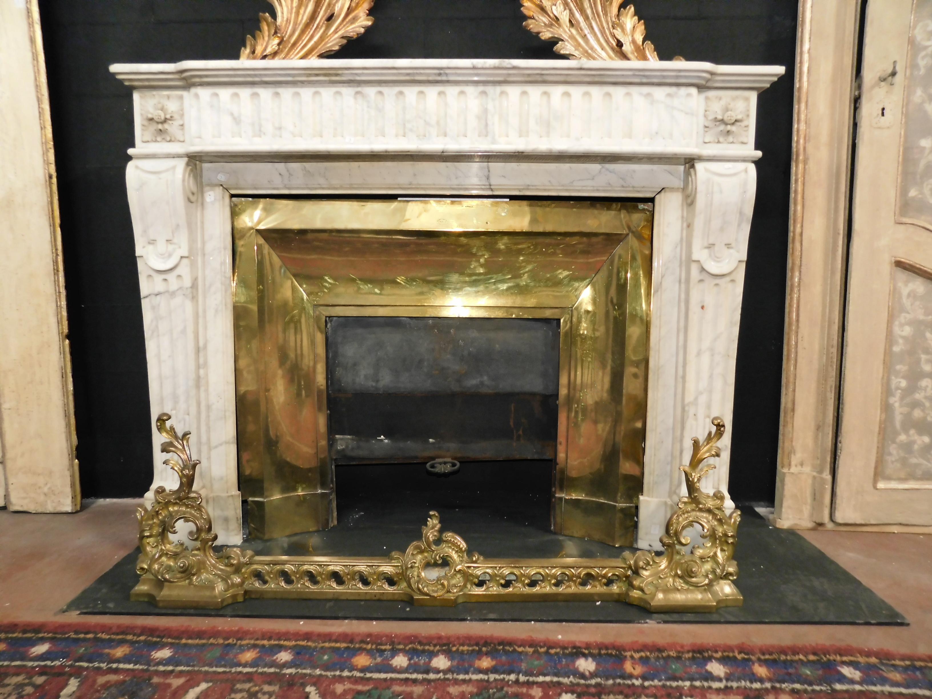 Antique Louis XVI White Marble Fireplace with Original Brass Counter-Heart, 1700 6