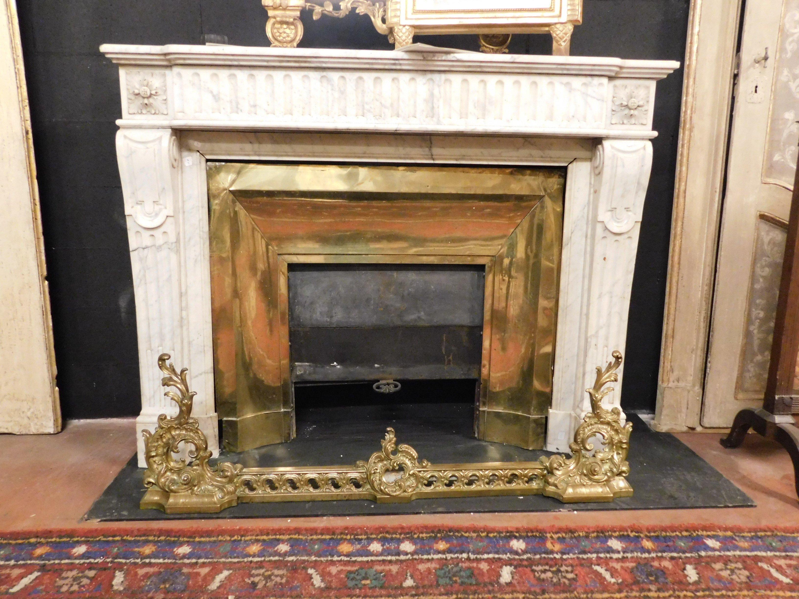 Hand-Carved Antique Louis XVI White Marble Fireplace with Original Brass Counter-Heart, 1700