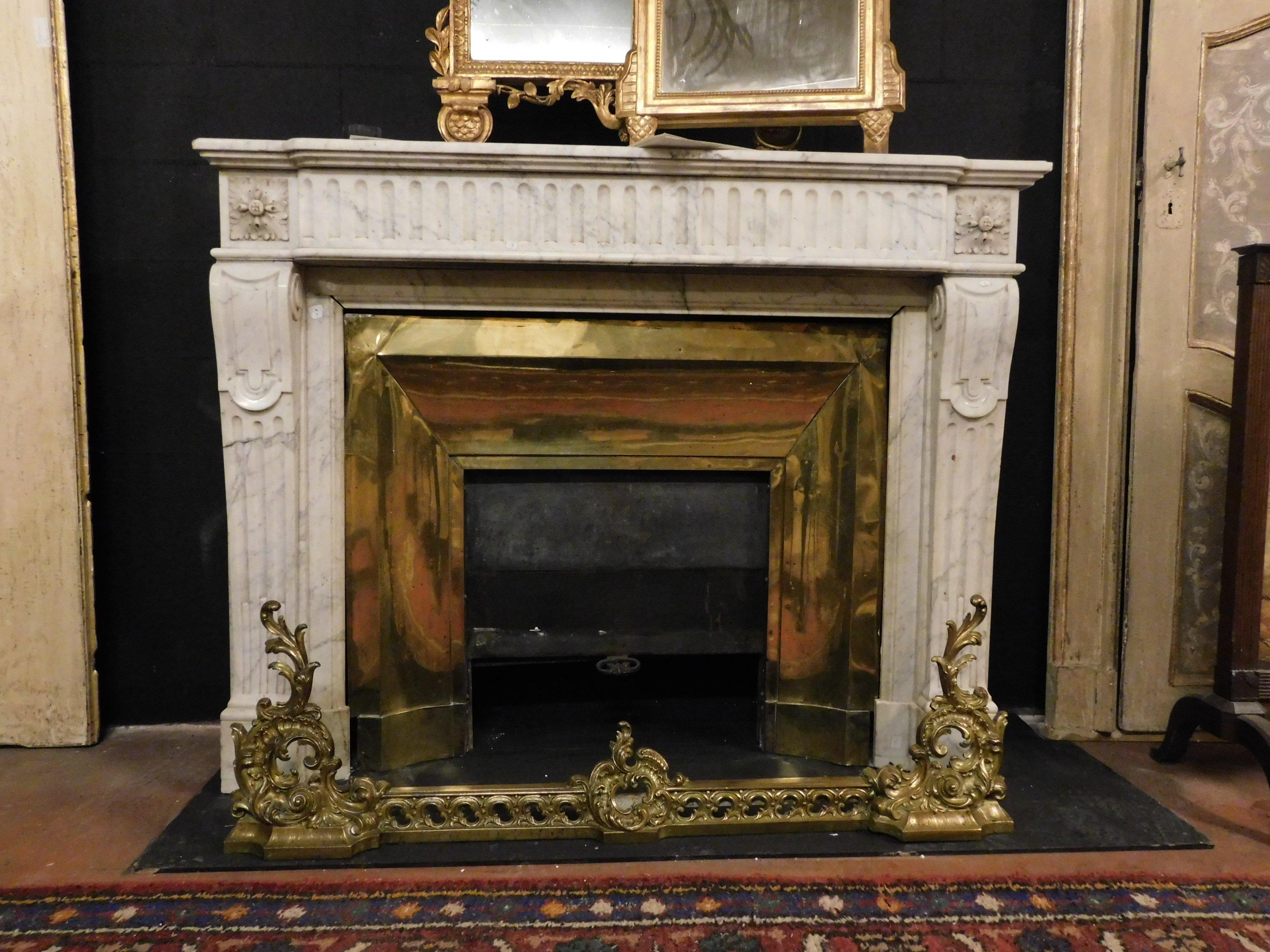 Carrara Marble Antique Louis XVI White Marble Fireplace with Original Brass Counter-Heart, 1700