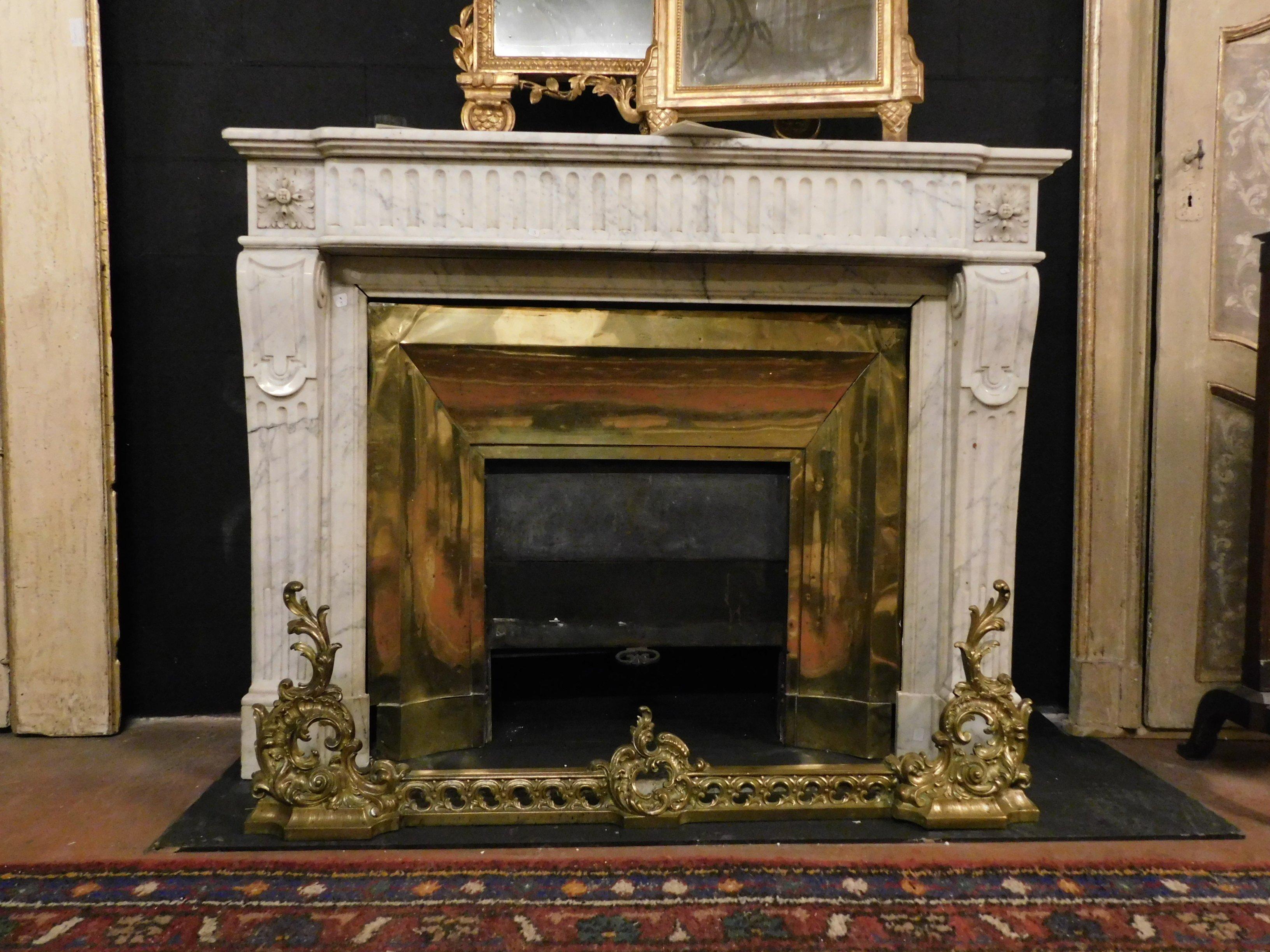 Antique Louis XVI White Marble Fireplace with Original Brass Counter-Heart, 1700 2