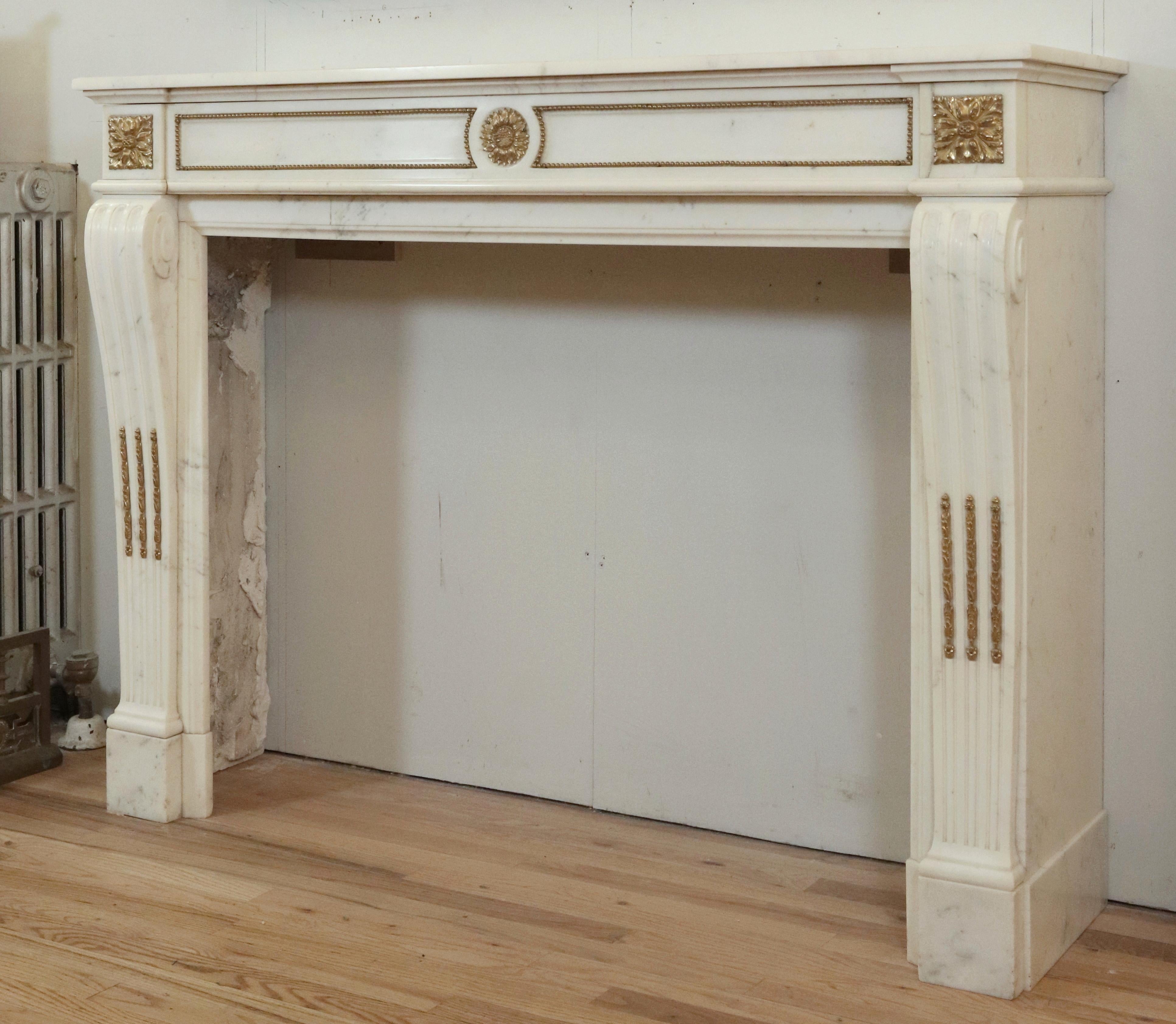 Gilt Antique Louis XVI White Marble Mantel Gilded Bronze Ormulu For Sale