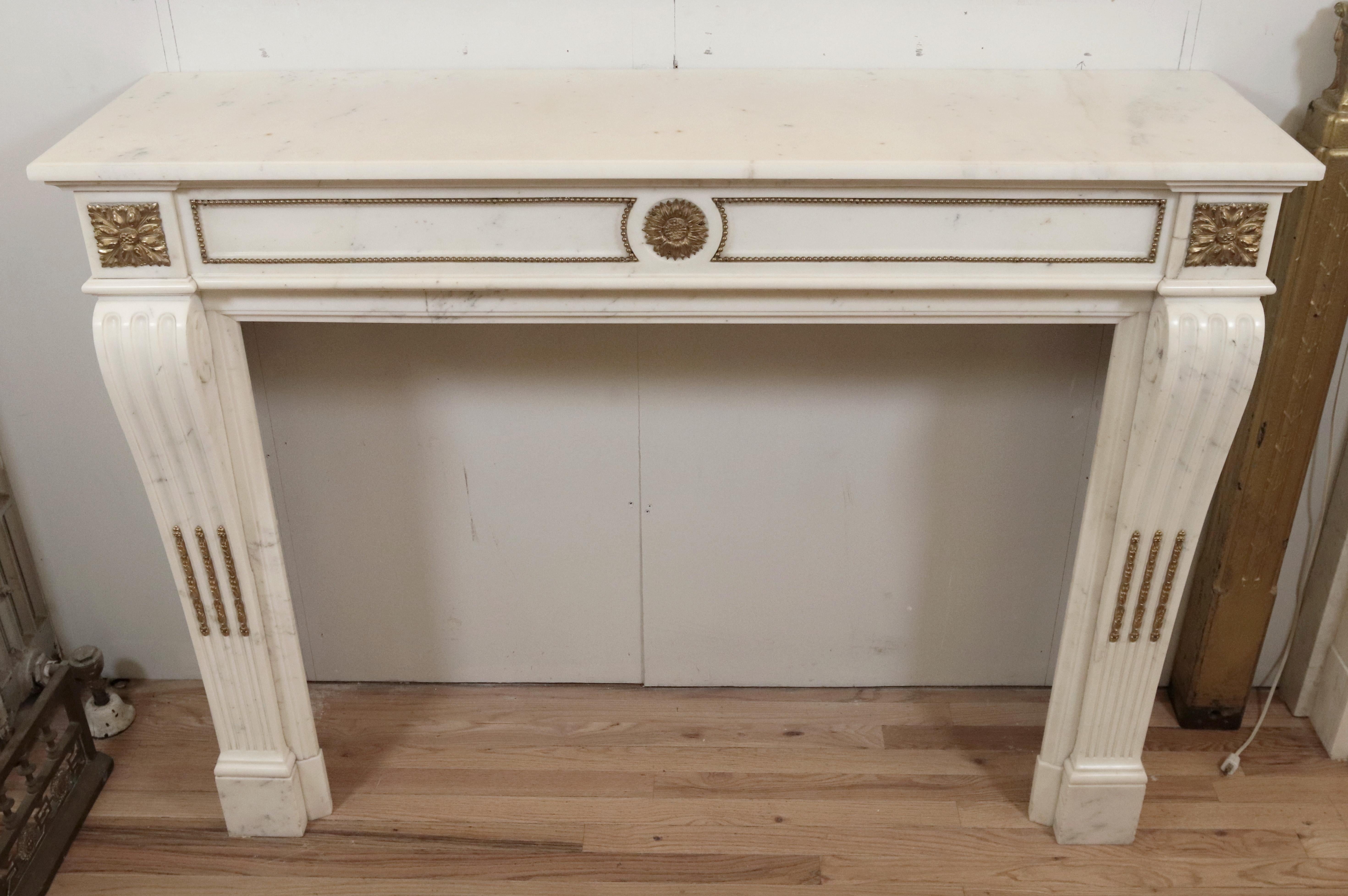 20th Century Antique Louis XVI White Marble Mantel Gilded Bronze Ormulu For Sale
