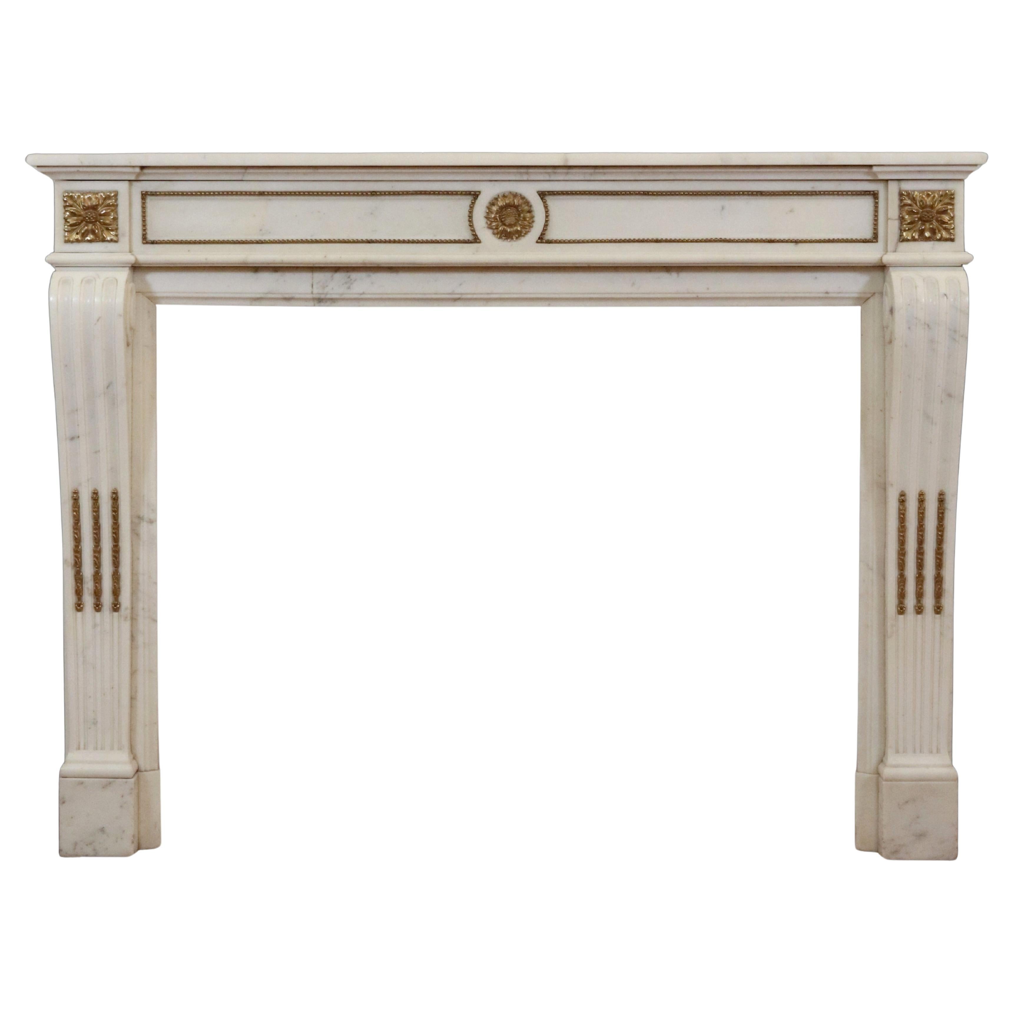 Antique Louis XVI White Marble Mantel Gilded Bronze Ormulu
