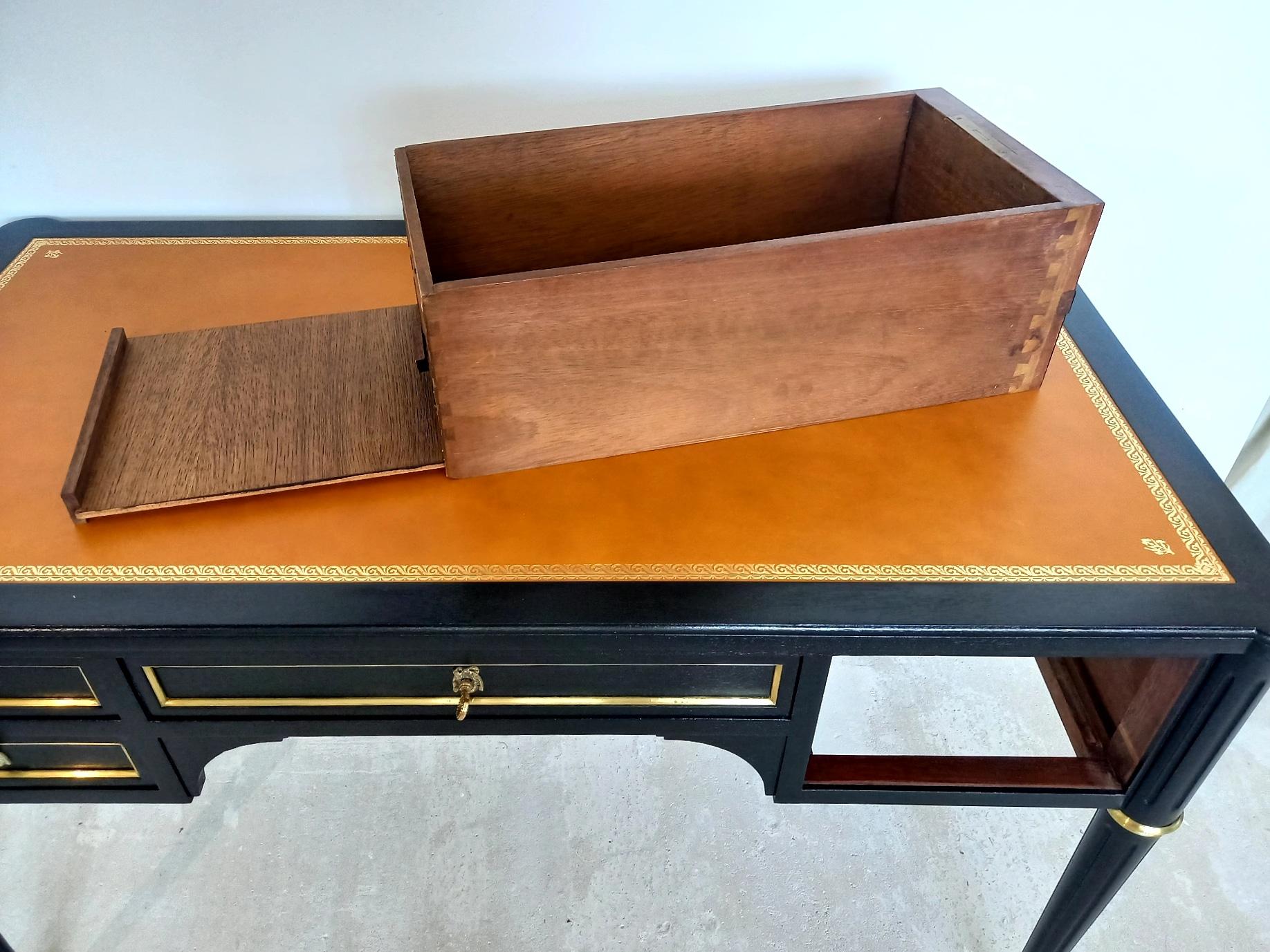 Antique Louis XVI Writing Desk, 20th Century, Cognac Leather, Bonze & Brass For Sale 8