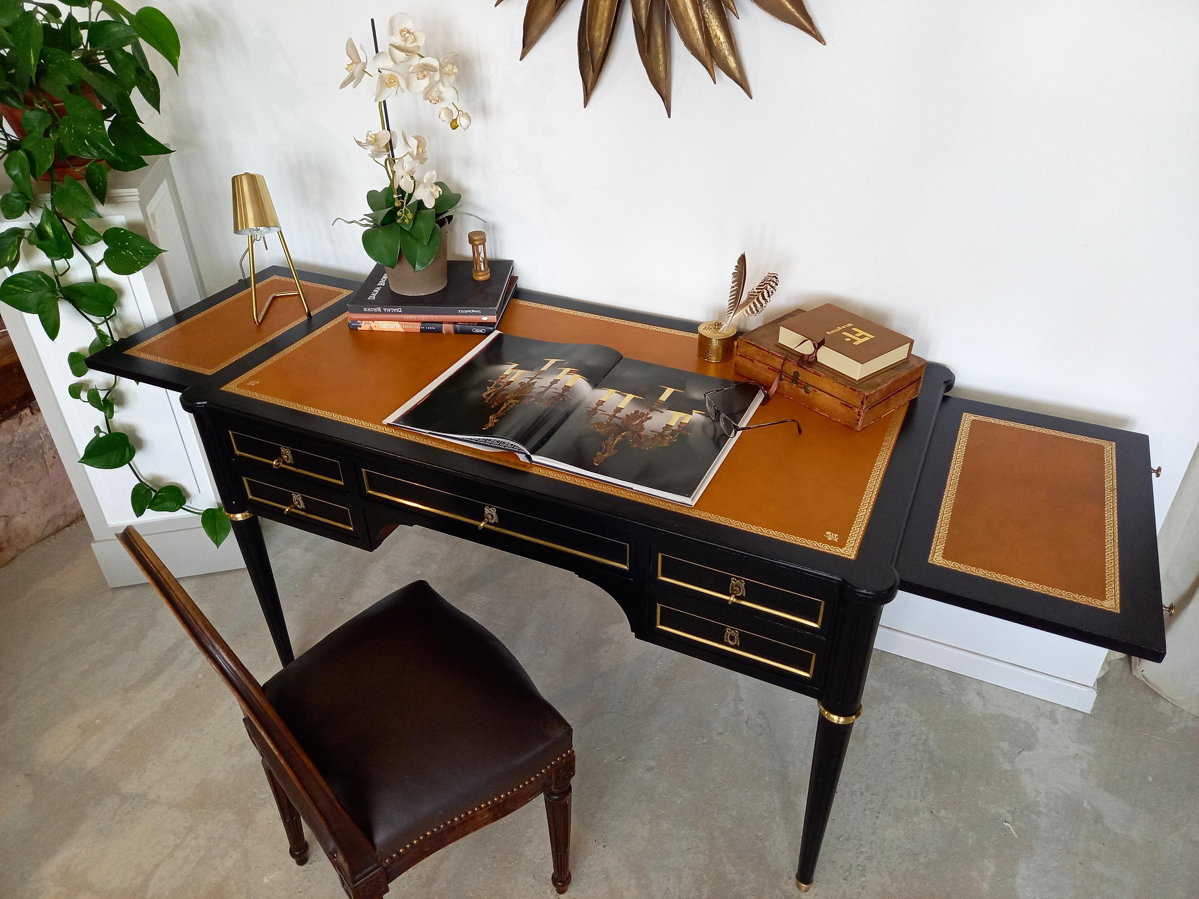 Antique Louis XVI Writing Desk, 20th Century, Cognac Leather, Bonze & Brass For Sale 9