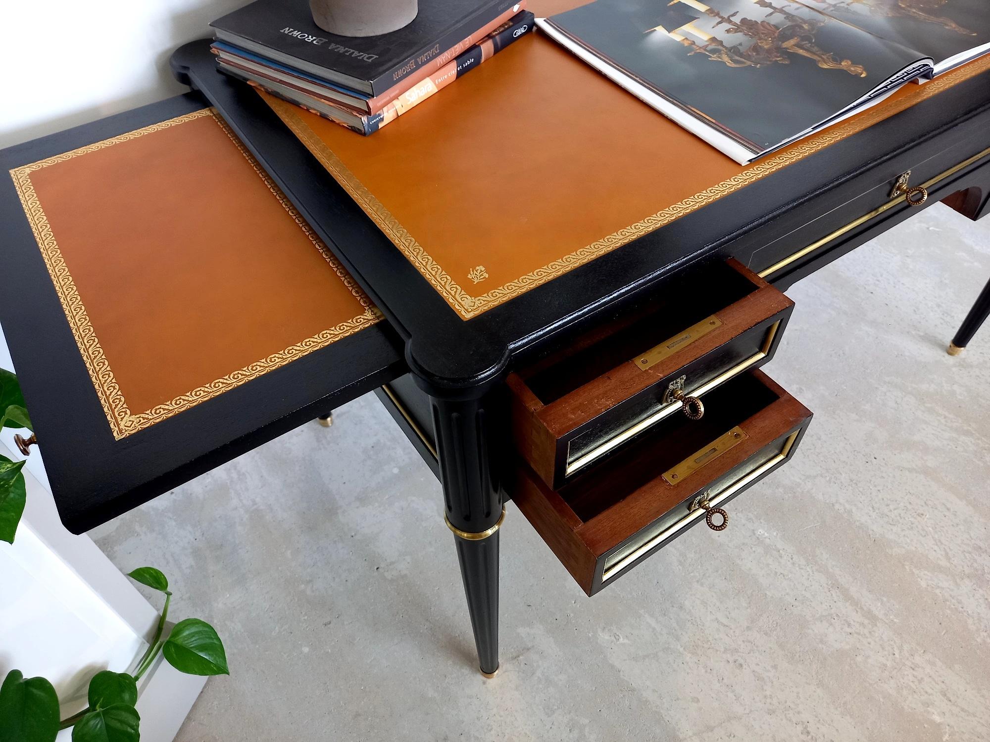 Antique Louis XVI Writing Desk, 20th Century, Cognac Leather, Bonze & Brass For Sale 10