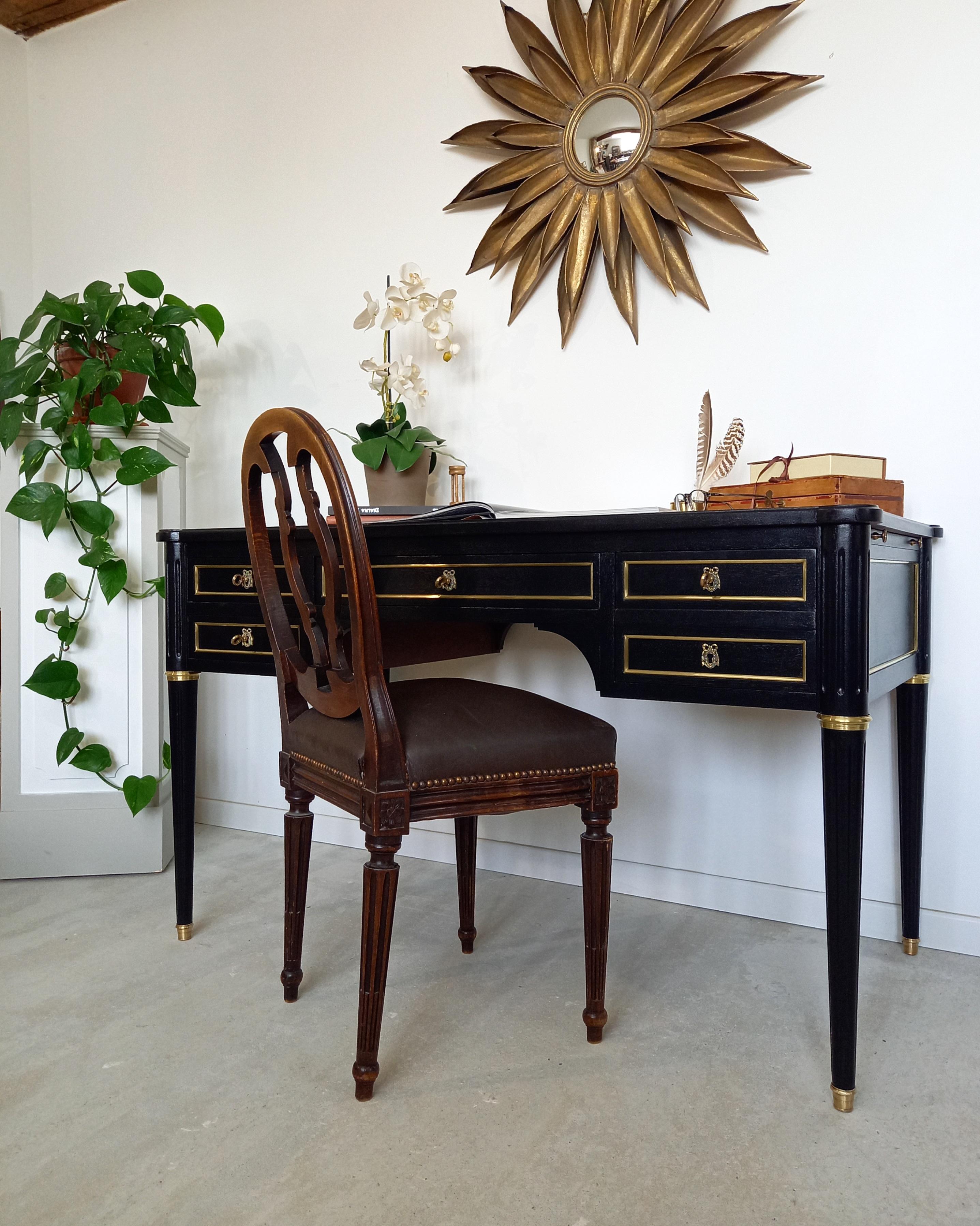 Antique Louis XVI Writing Desk, 20th Century, Cognac Leather, Bonze & Brass For Sale 11