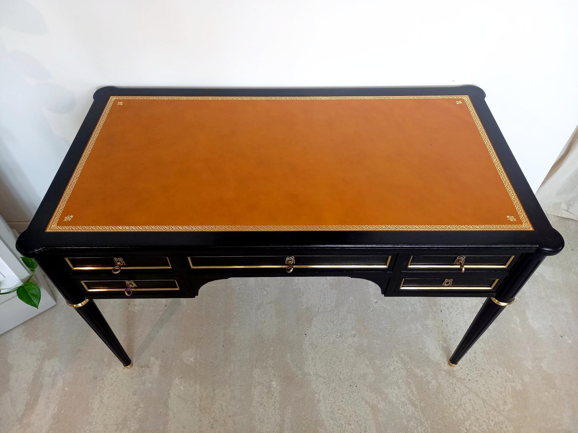 Antique French Louis XVI Writing Desk Cognac Leather, Bonze & Brass For Sale 2