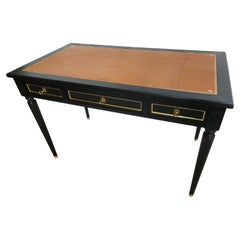 Antique Louis XVI Writing Desk, Cognac Leather, Bonze & Brass