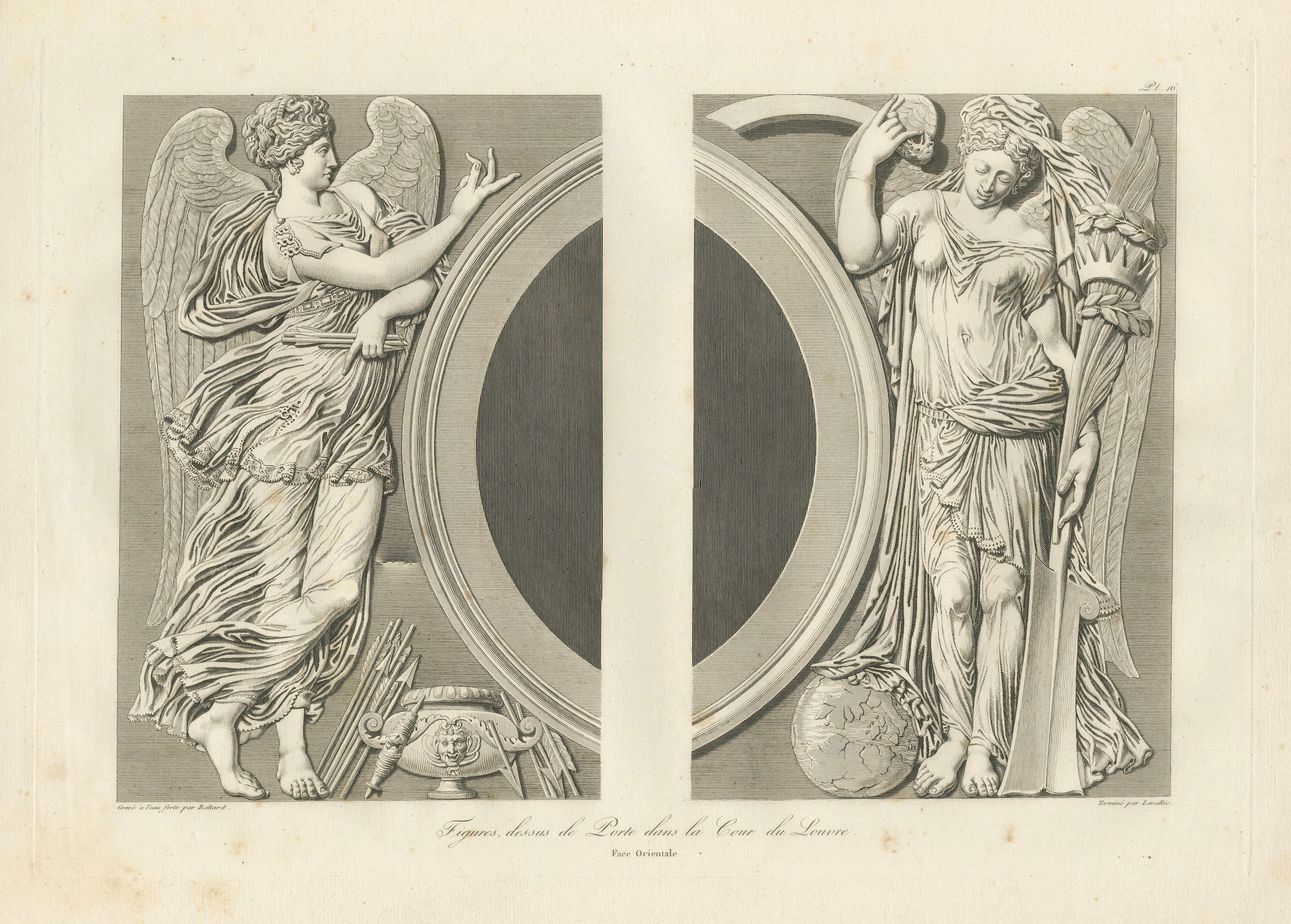 Antique Louvre Architectural Engravings Pair, French Neoclassical Reliefs, 1803