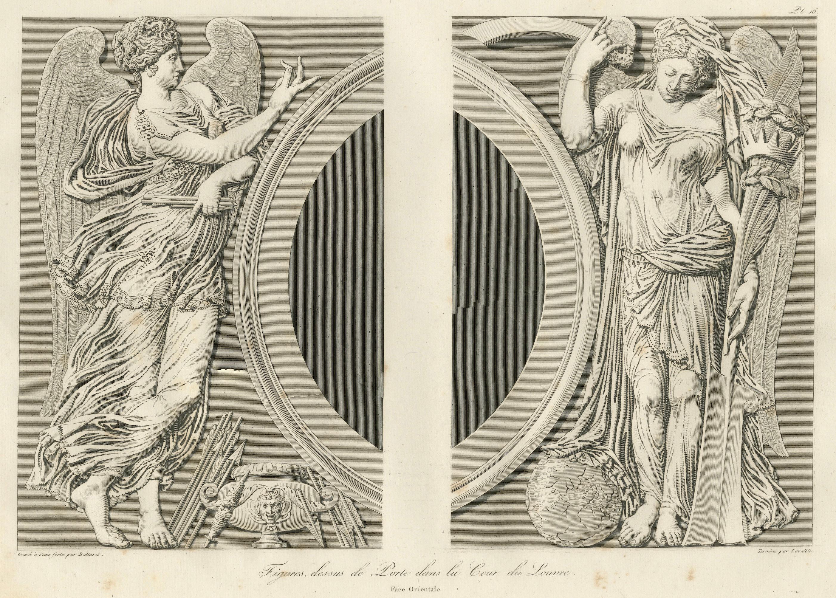 Antique Louvre Architectural Engravings Pair, French Neoclassical Reliefs, 1803