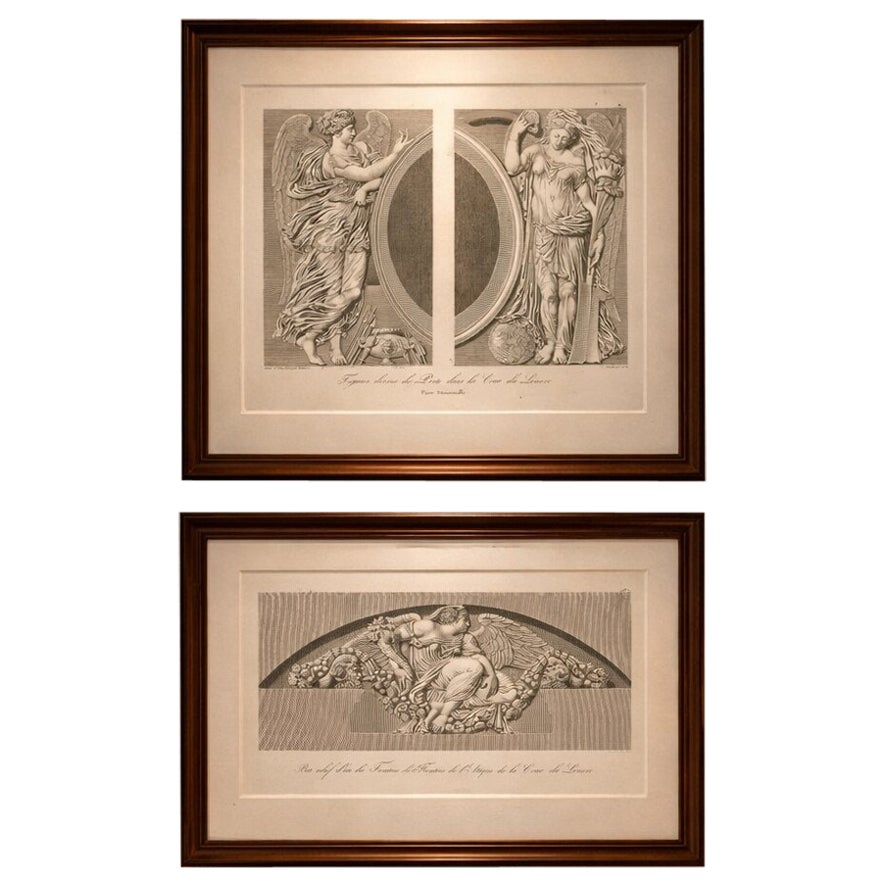 Antique Louvre Architectural Engravings Pair, French Neoclassical Reliefs, 1803 For Sale