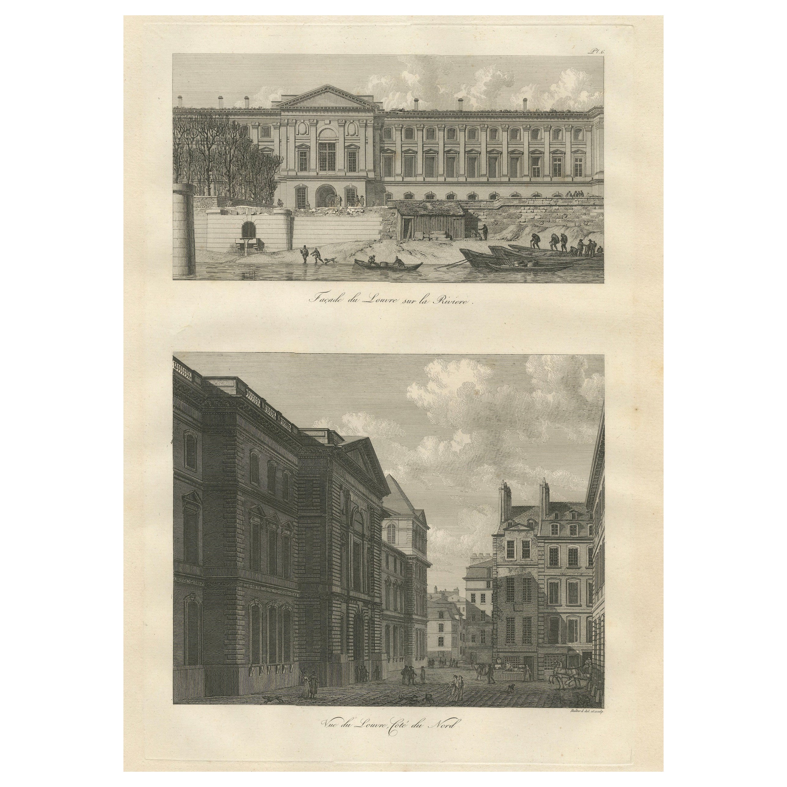 Antique Louvre Architectural Views Engraving, Baltard Paris 1803