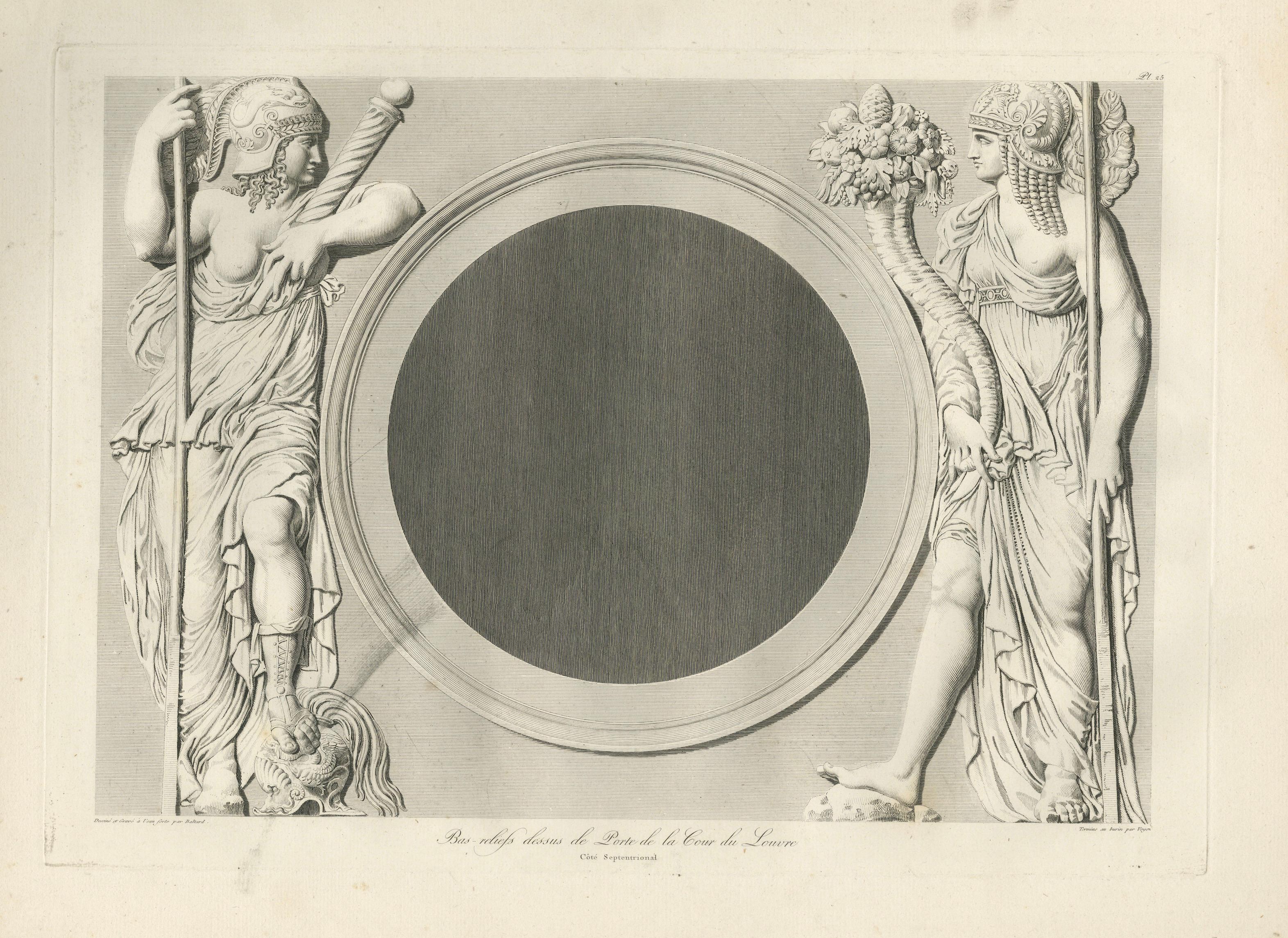 Antique Louvre Bas-Relief Print, Cour Carrée Allegorical Figures – Baltard 1803