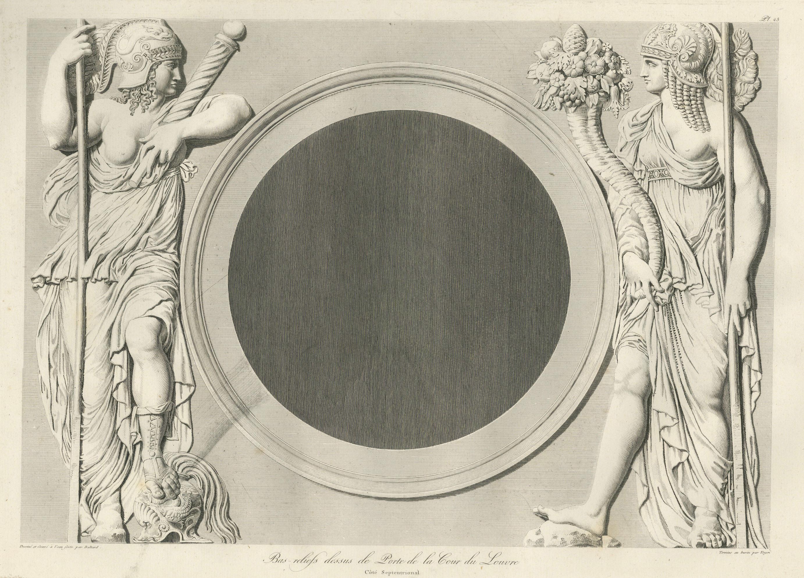 Antique Louvre Bas-Relief Print, Cour Carrée Allegorical Figures – Baltard 1803