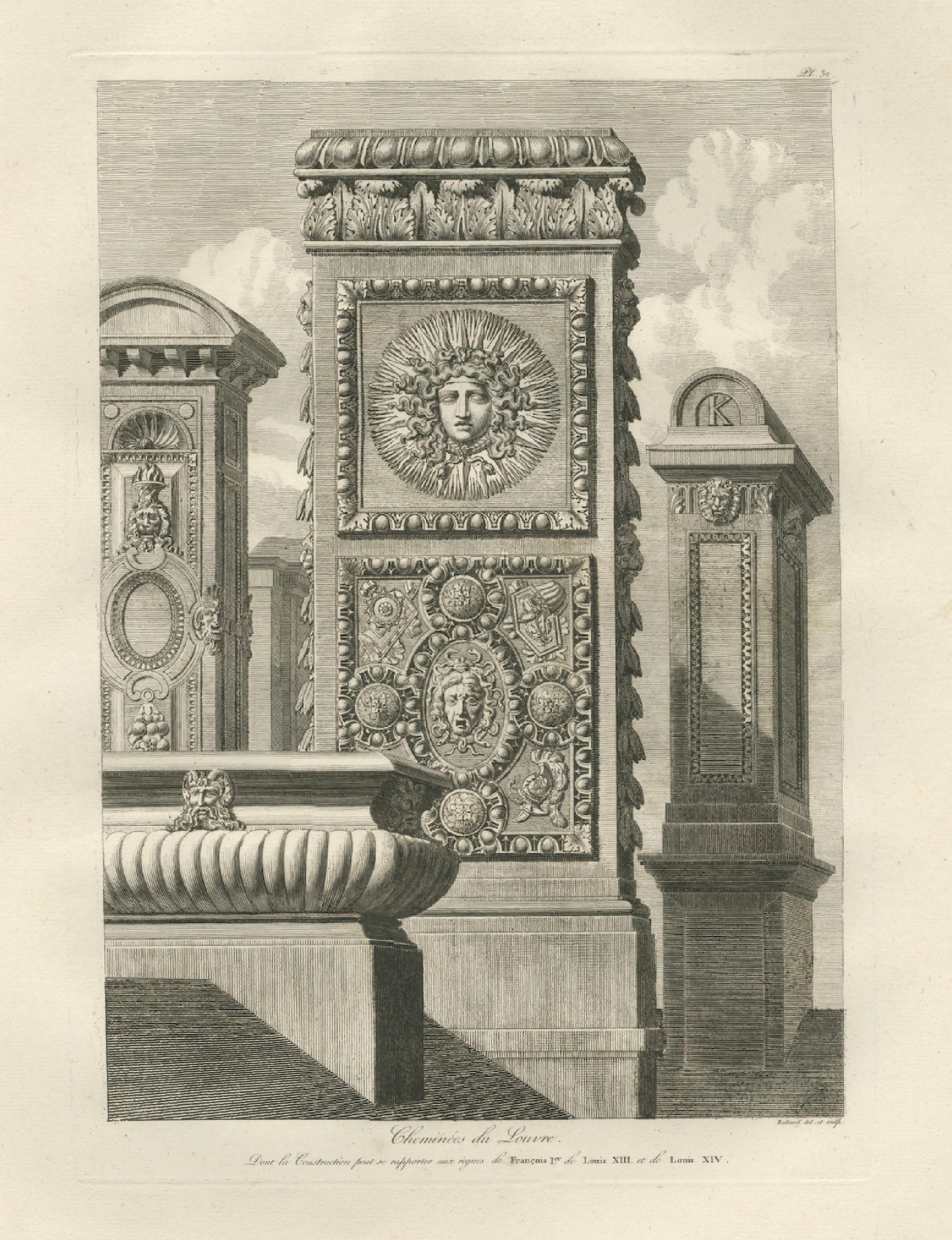 Antique Louvre Chimney Ornament Print, Cheminées du Louvre – Baltard 1803