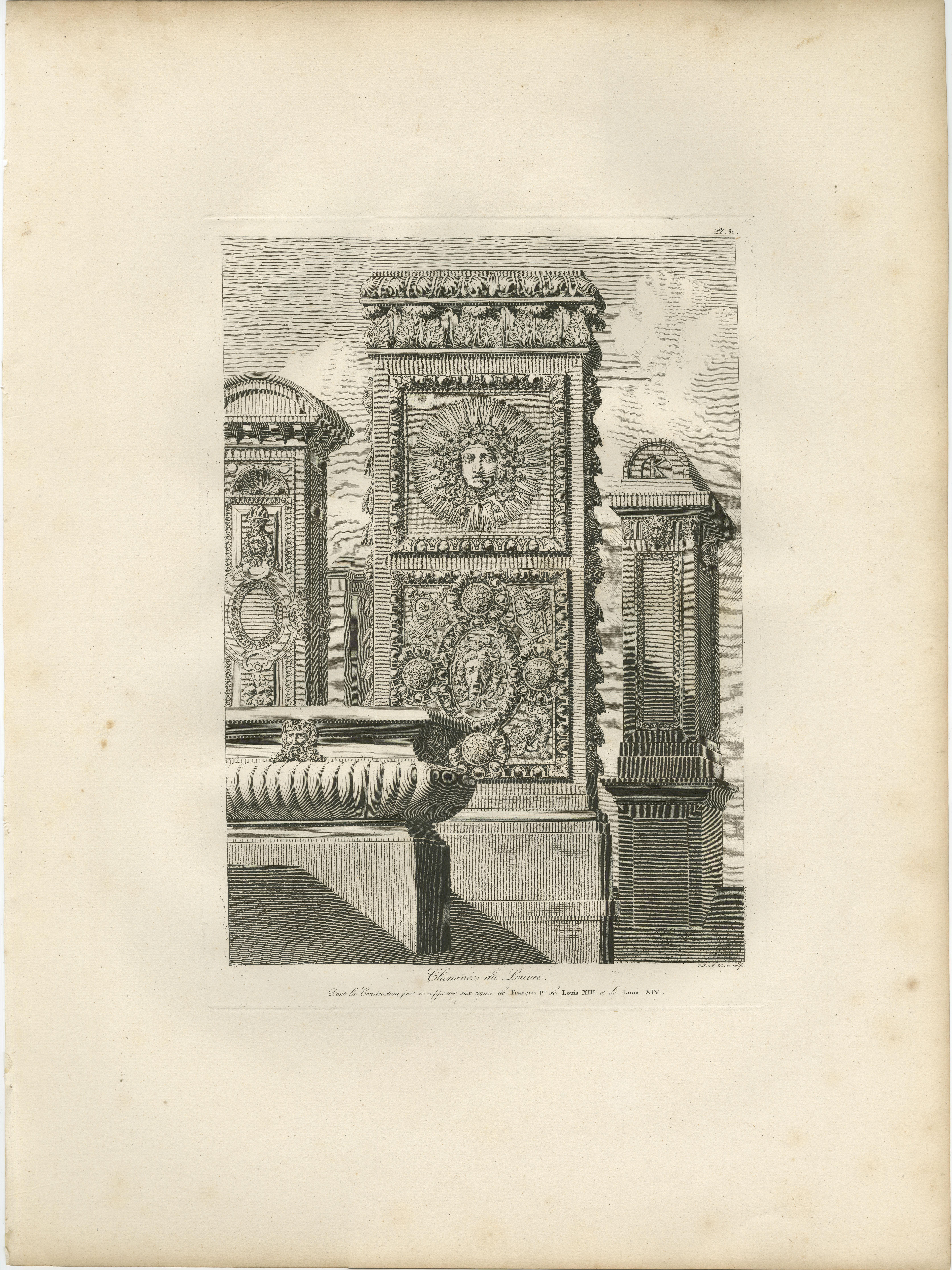 Antique Louvre Chimney Ornament Print, Cheminées du Louvre – Baltard 1803 For Sale