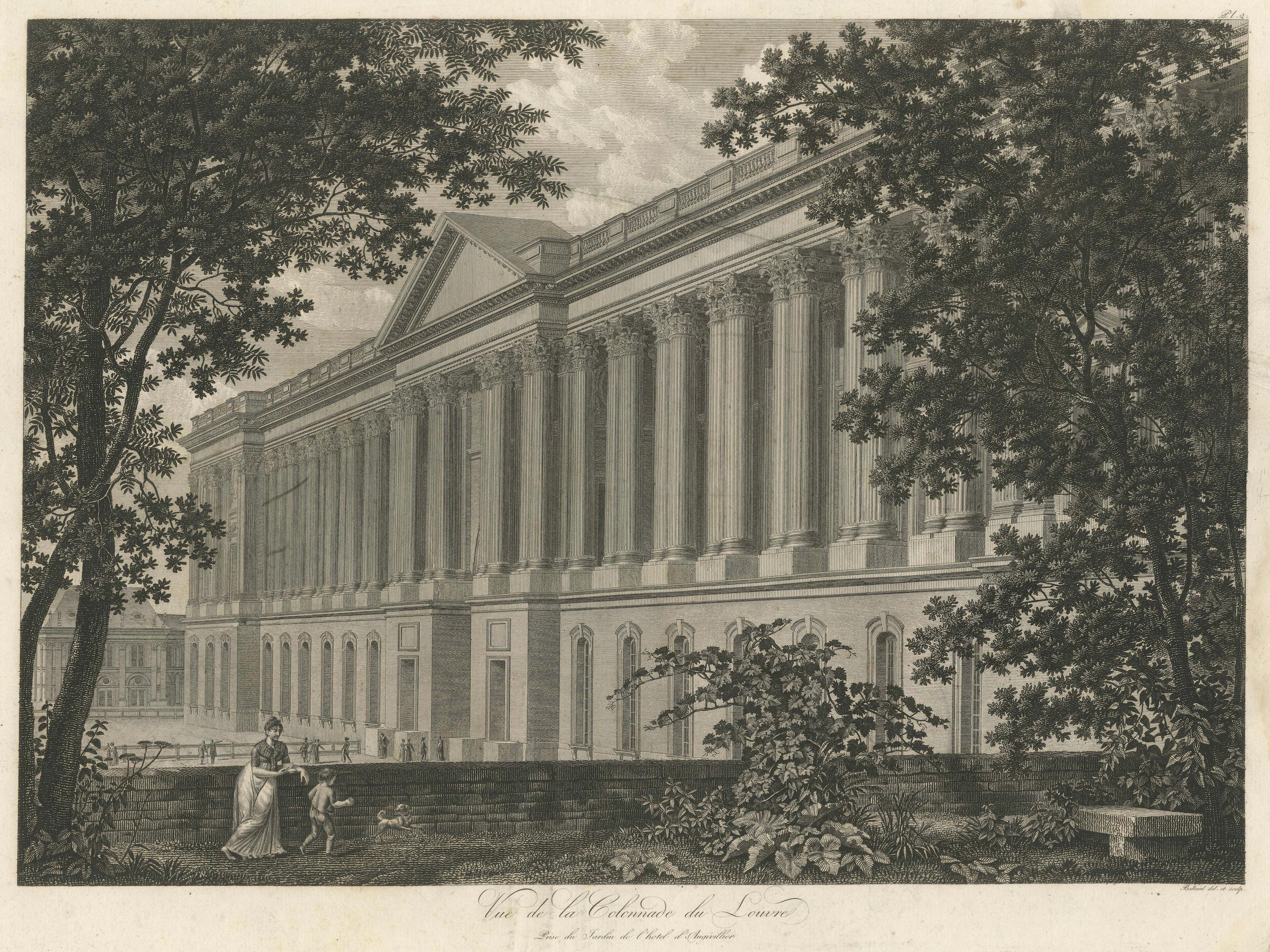 Antique Louvre Paris Colonnade Architectural Engraving, French Neoclassical 1803