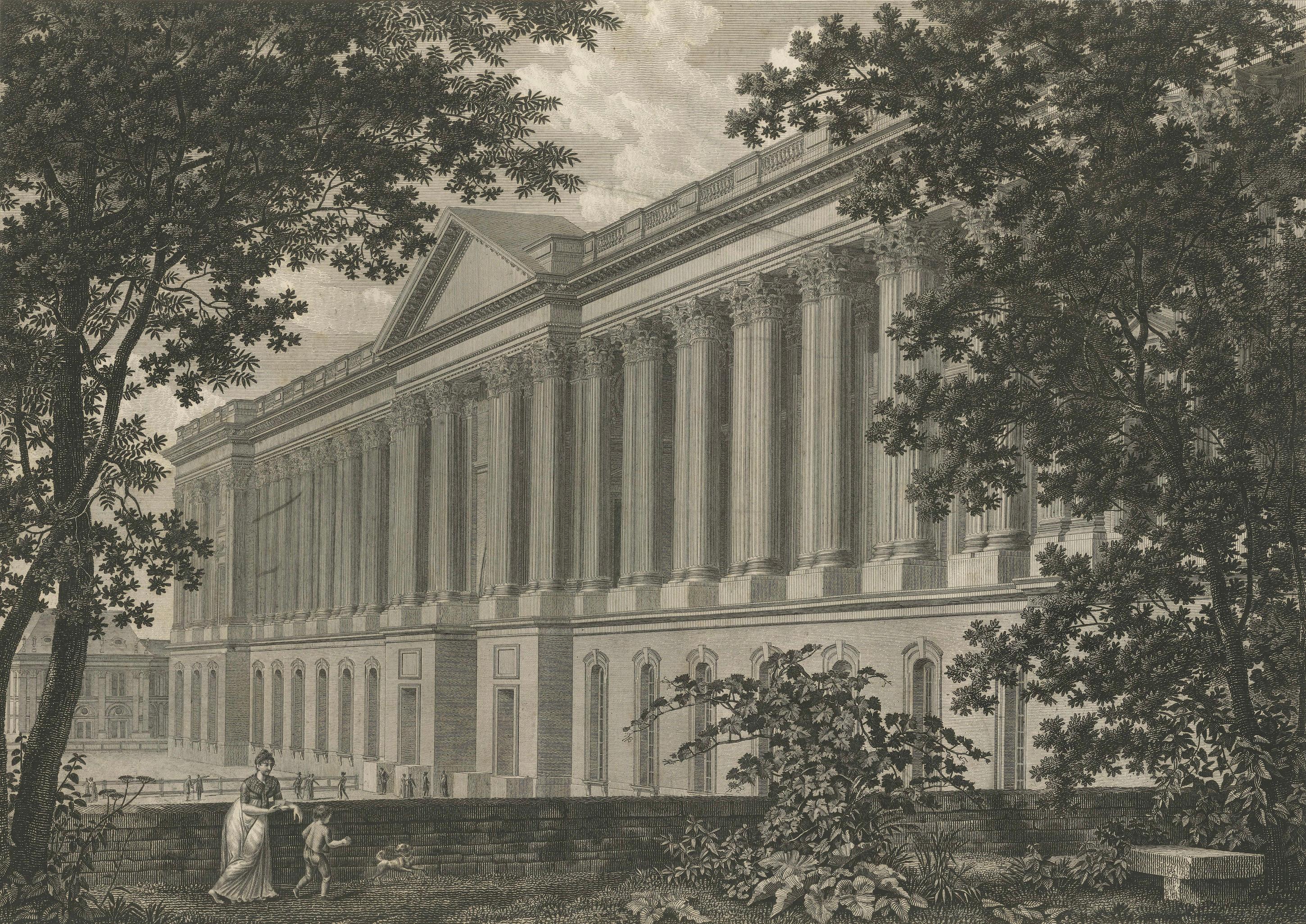 Antique Louvre Paris Colonnade Architectural Engraving, French Neoclassical 1803