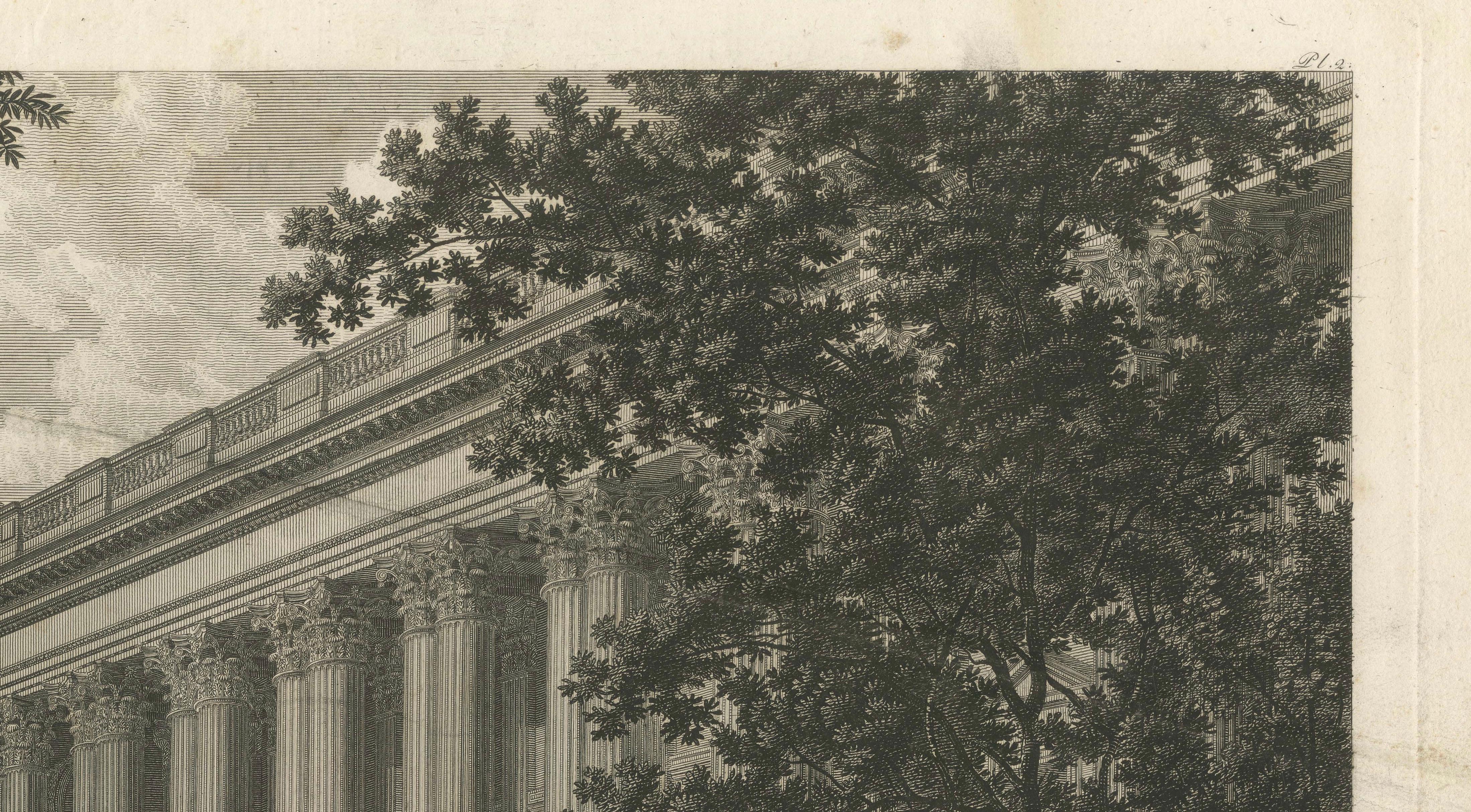 Antique Louvre Paris Colonnade Architectural Engraving, French Neoclassical 1803
