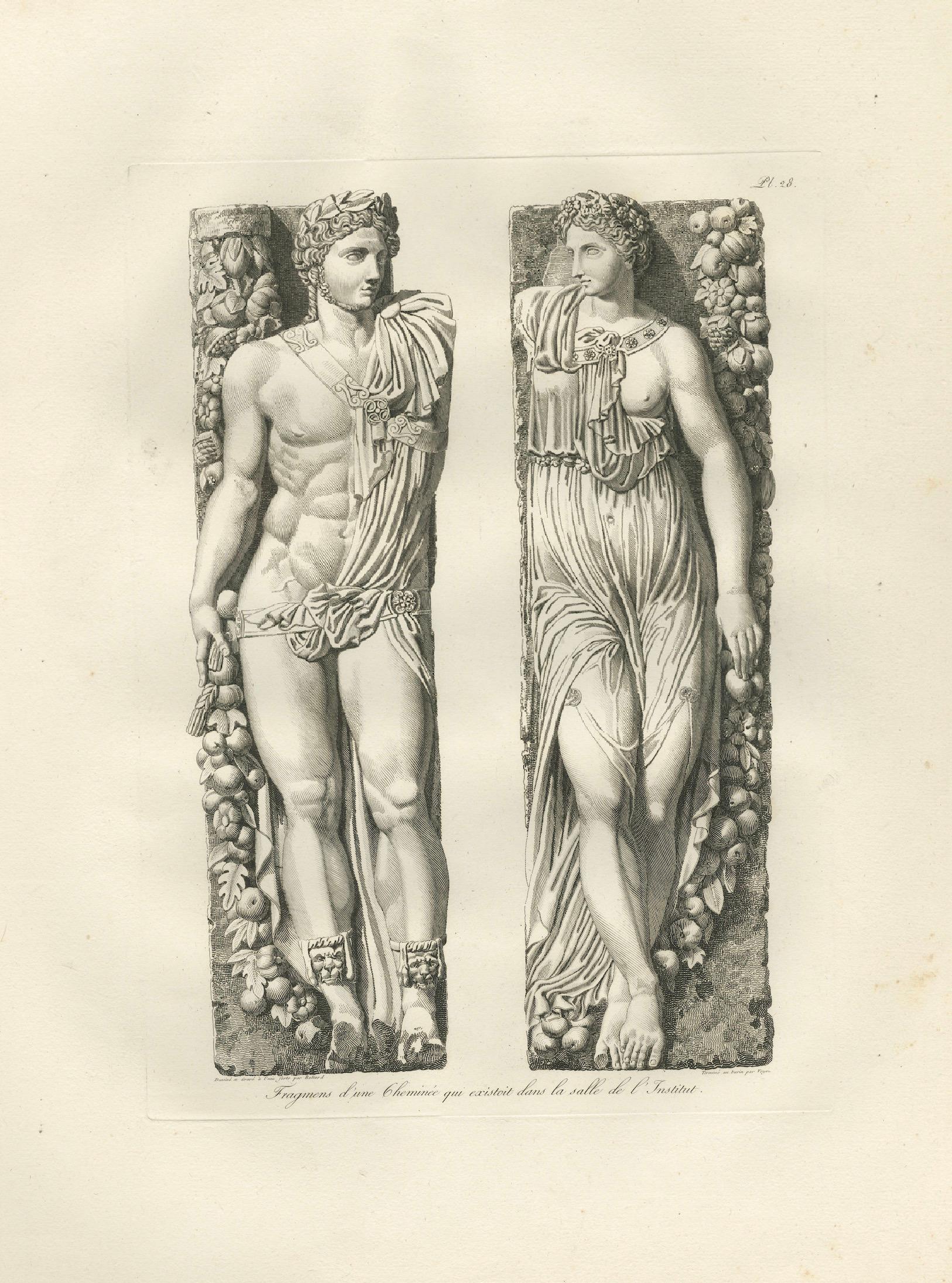 Antique Louvre Sculpture Reliefs Print, Institut Fireplace – Baltard 1803