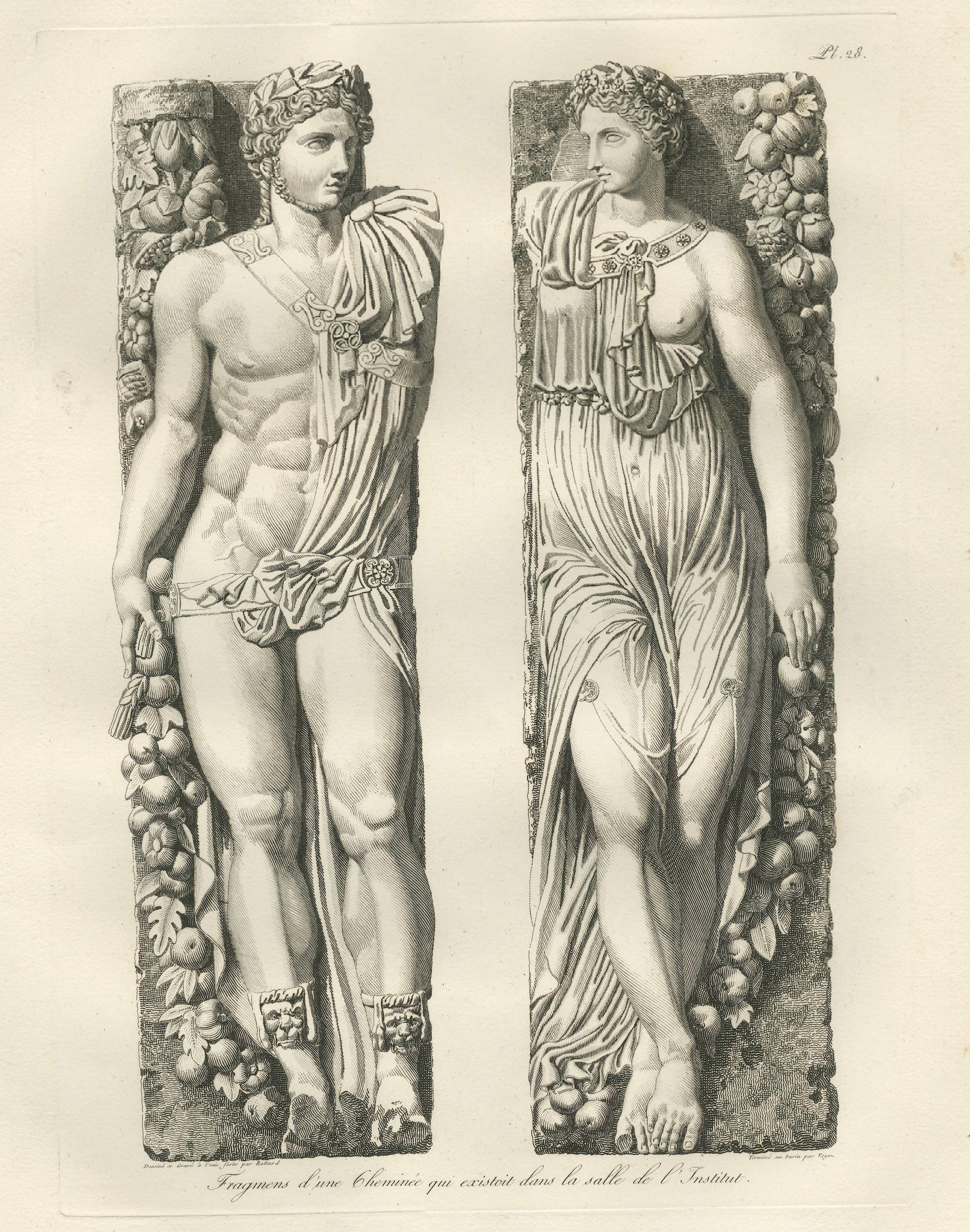 Antique Louvre Sculpture Reliefs Print, Institut Fireplace – Baltard 1803