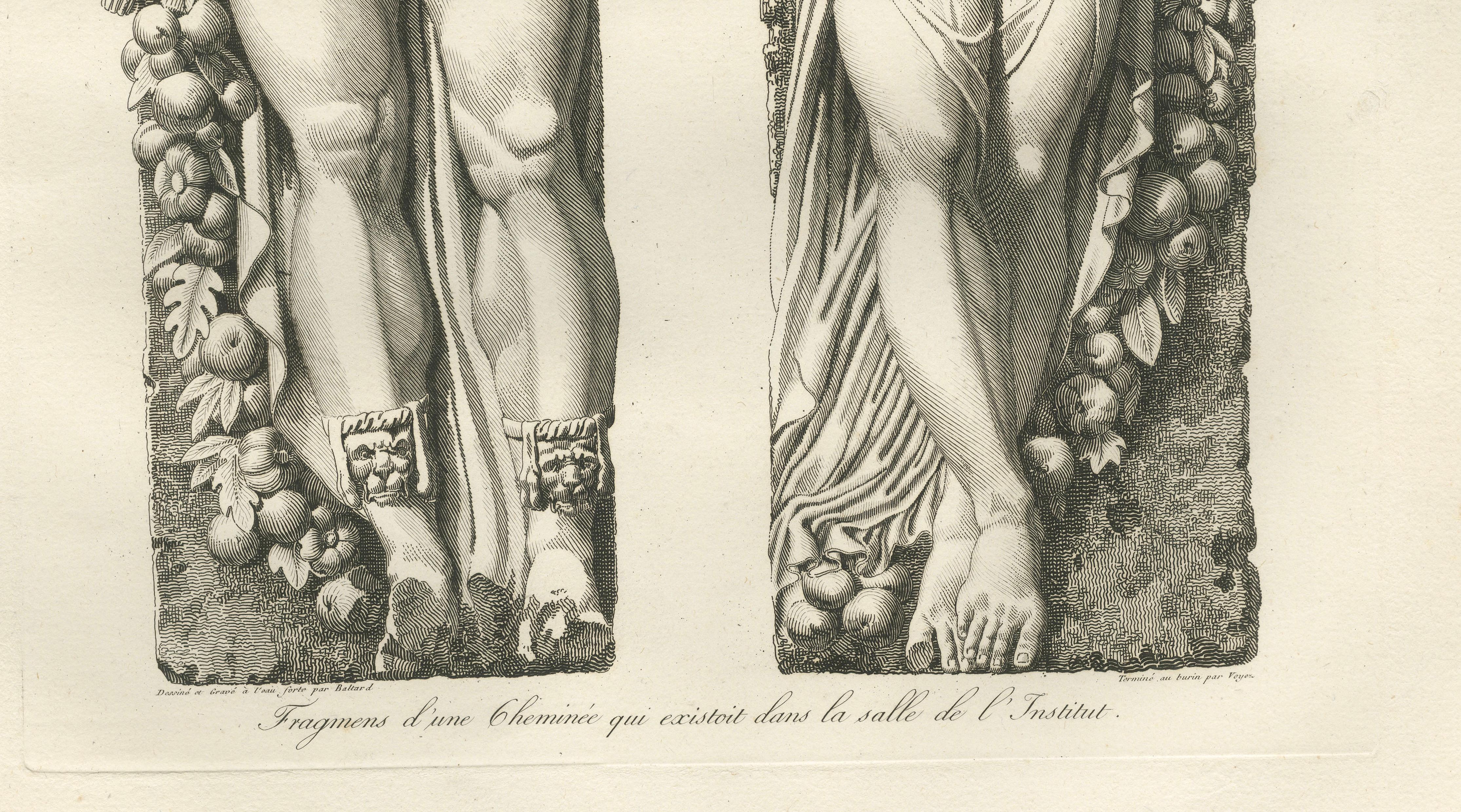 Antique Louvre Sculpture Reliefs Print, Institut Fireplace – Baltard 1803