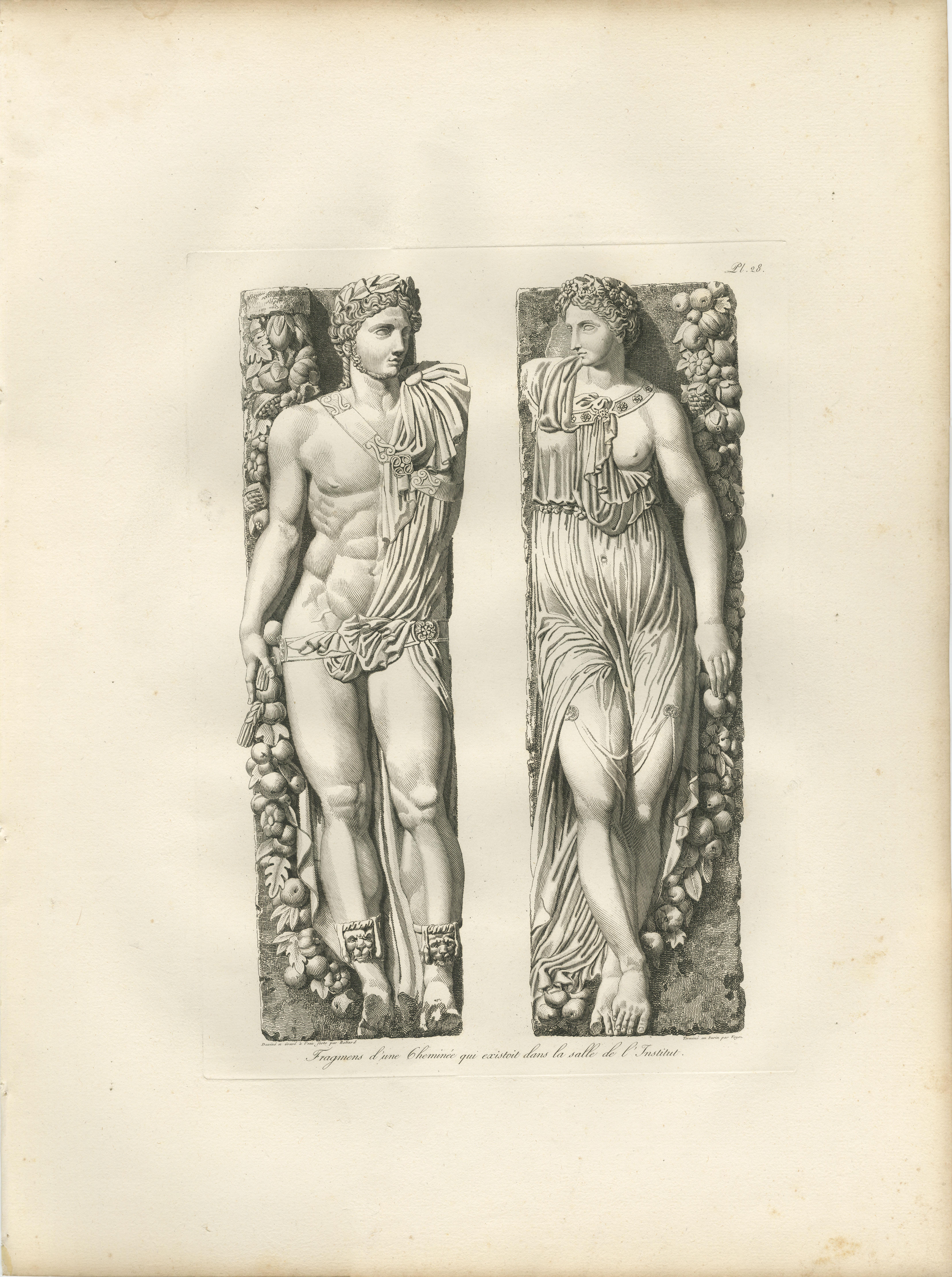 Antique Louvre Sculpture Reliefs Print, Institut Fireplace – Baltard 1803
