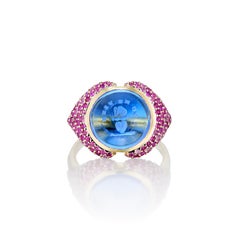 18 Karat Yellow Gold Ruby French Blue Glass Love Intaglio Cocktail Ring