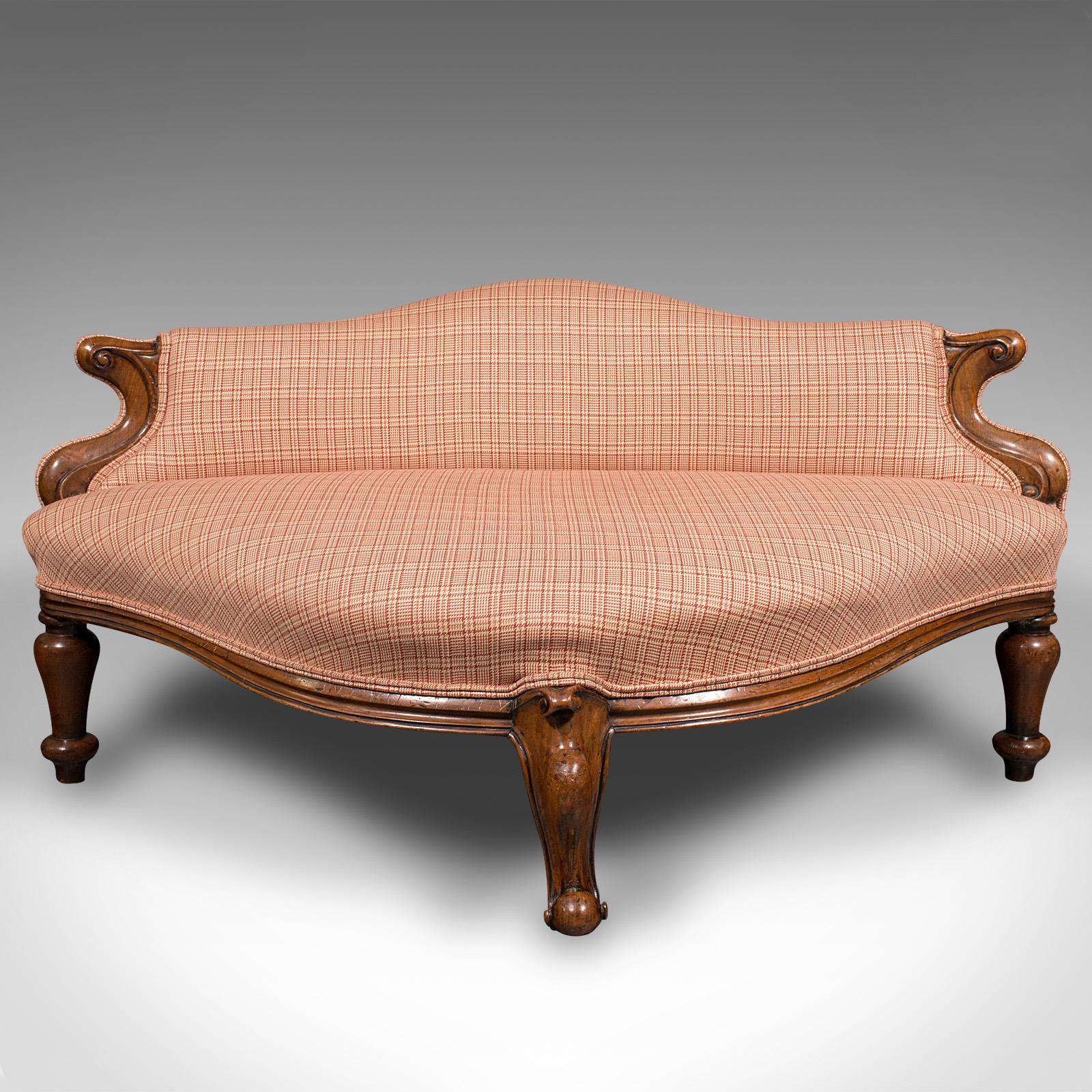 This is an antique love seat. An English, walnut and textile duet bench or dog bed, dating to the early Victorian period, circa 1840.

Beautifully presented seat, with appealing upholstery and fine show frame
Displays a desirable aged patina and