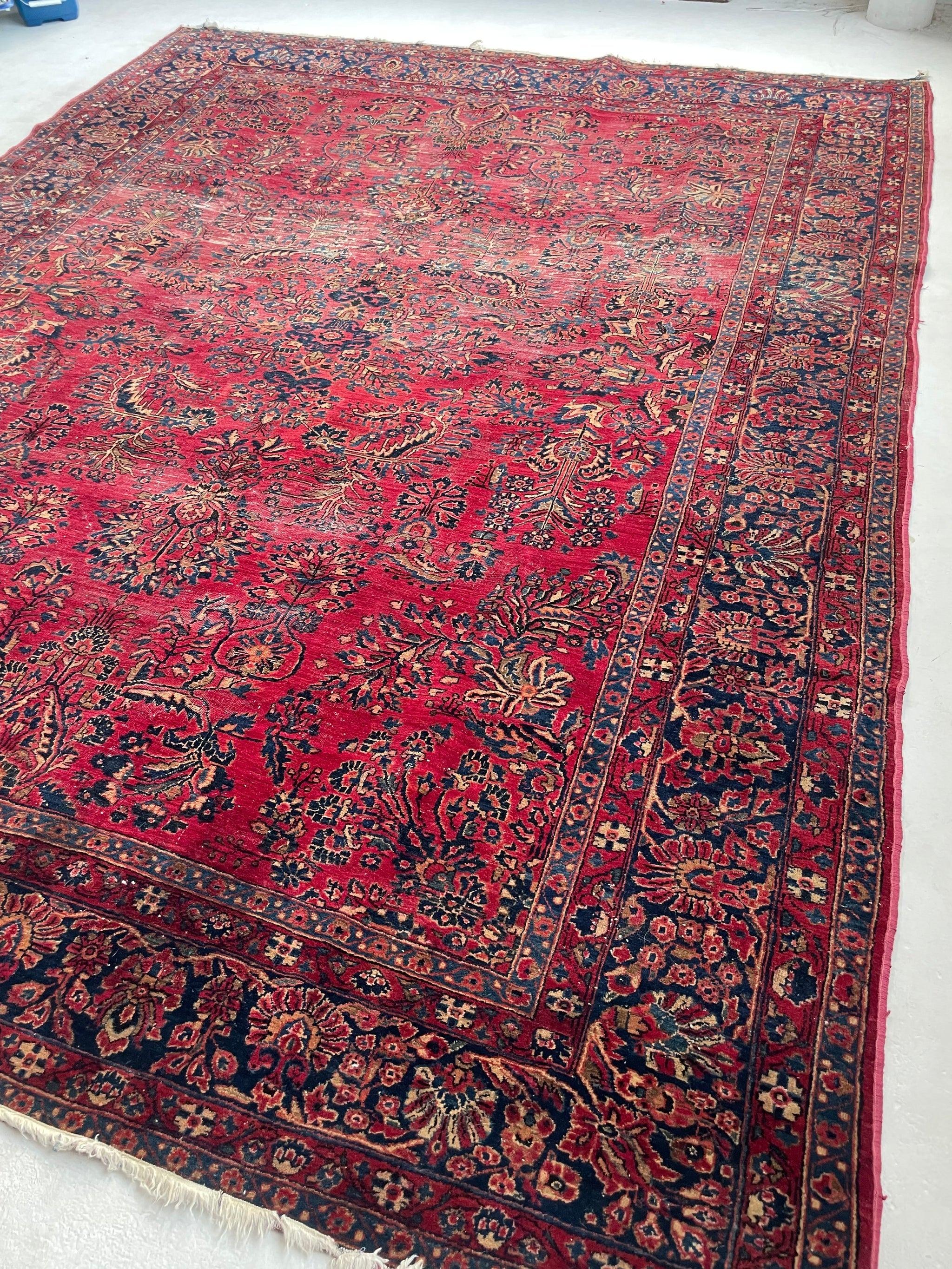 Lovely Botanical Distressed Antique Persian Sarouk  Berry, Pomegranate, Sangria & more

Size: 9 x 11.7
Age: Antique, C. 1920-30's
Pile: Low pile with incredible age-related patina, some worn spots but nothing too crazy

This rug is one-of-a-kind,