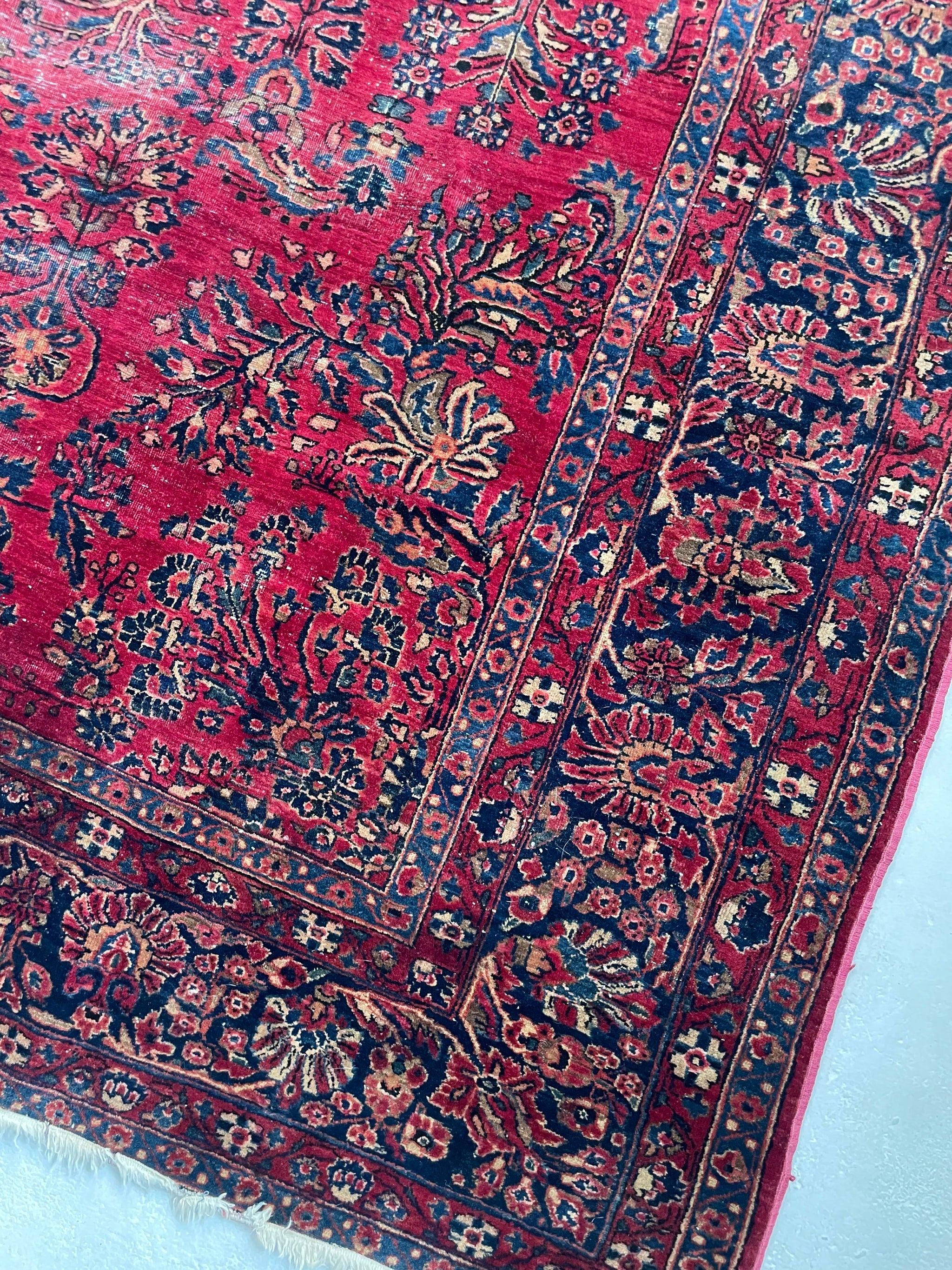Hand-Knotted Antique Lovely Botanical Distressed Persian Sarouk Rug, circa 1920-30's For Sale