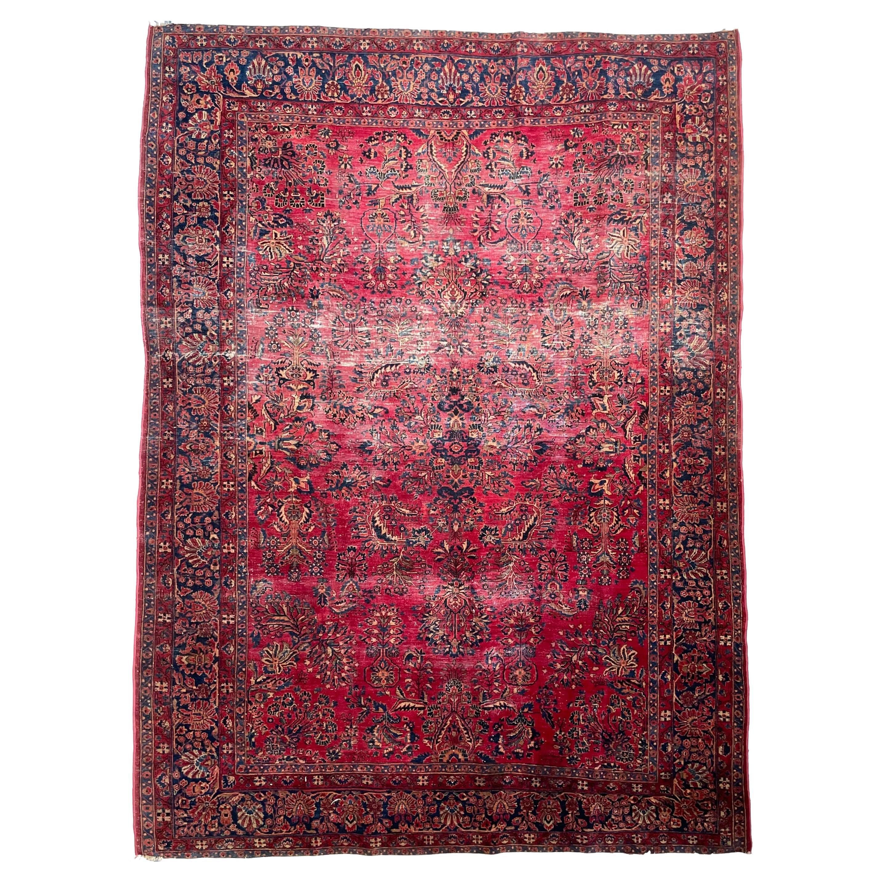 Antique Lovely Botanical Distressed Persian Sarouk Rug, circa 1920-30's For Sale