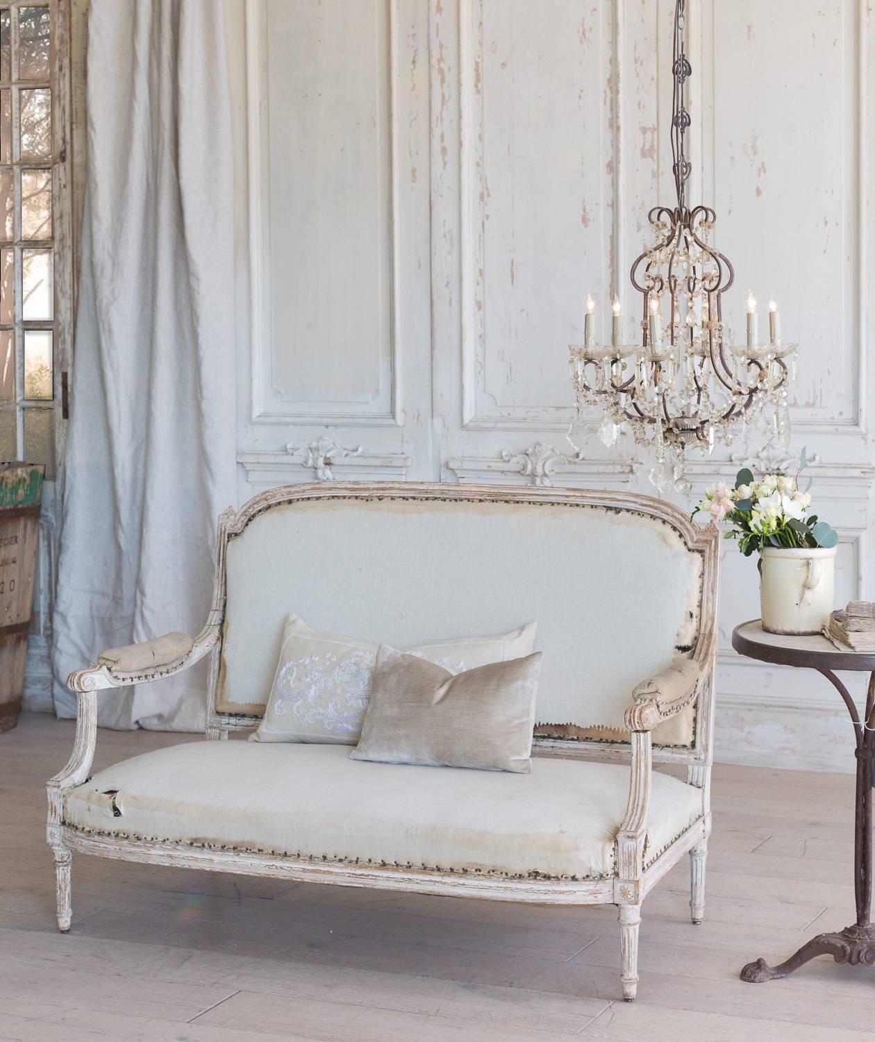 Louis XVI Antique Loveseat in Distressed Cream, circa 1860