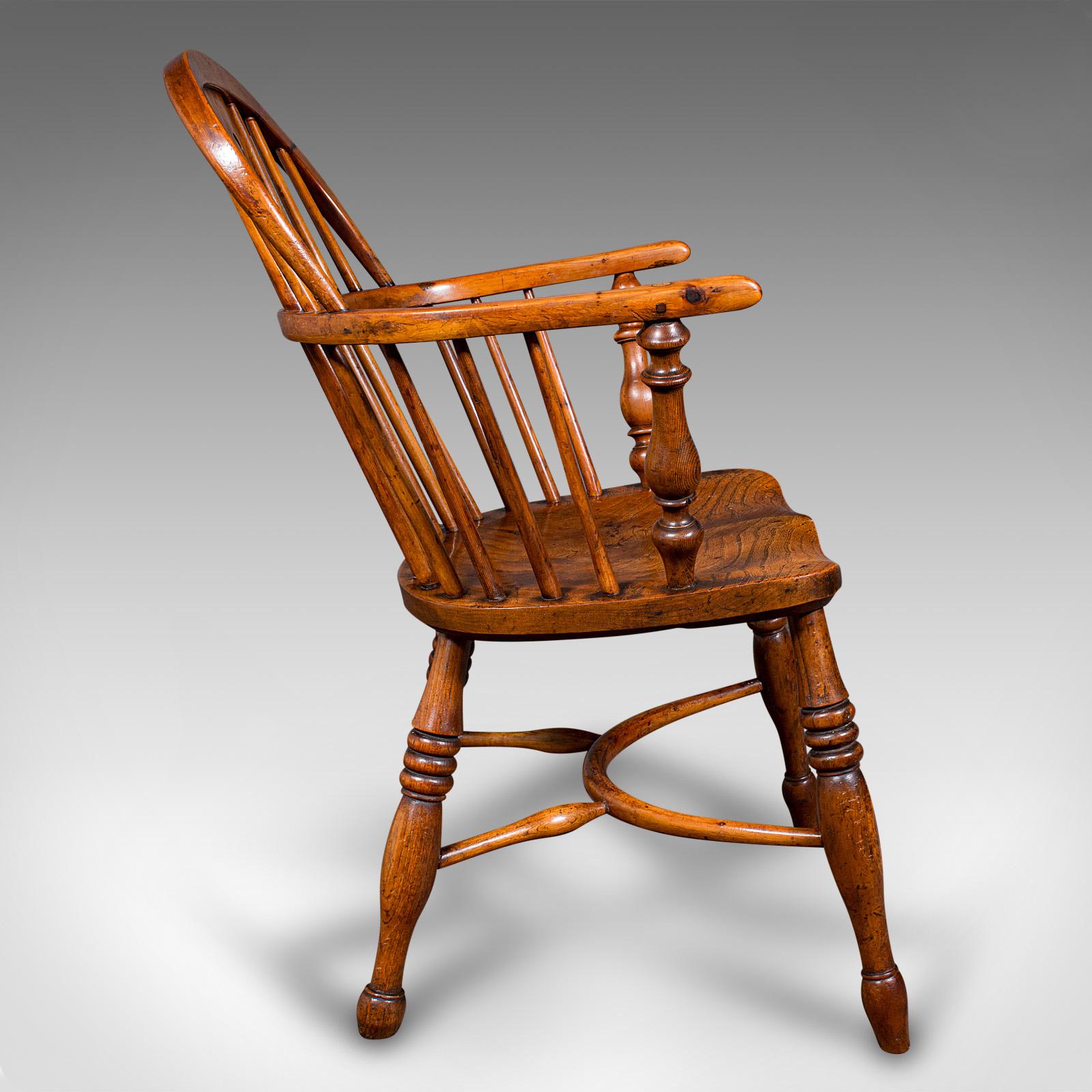 British Antique Low Back Windsor Chair, English, Elm, Yew, Elbow, Armchair, Victorian