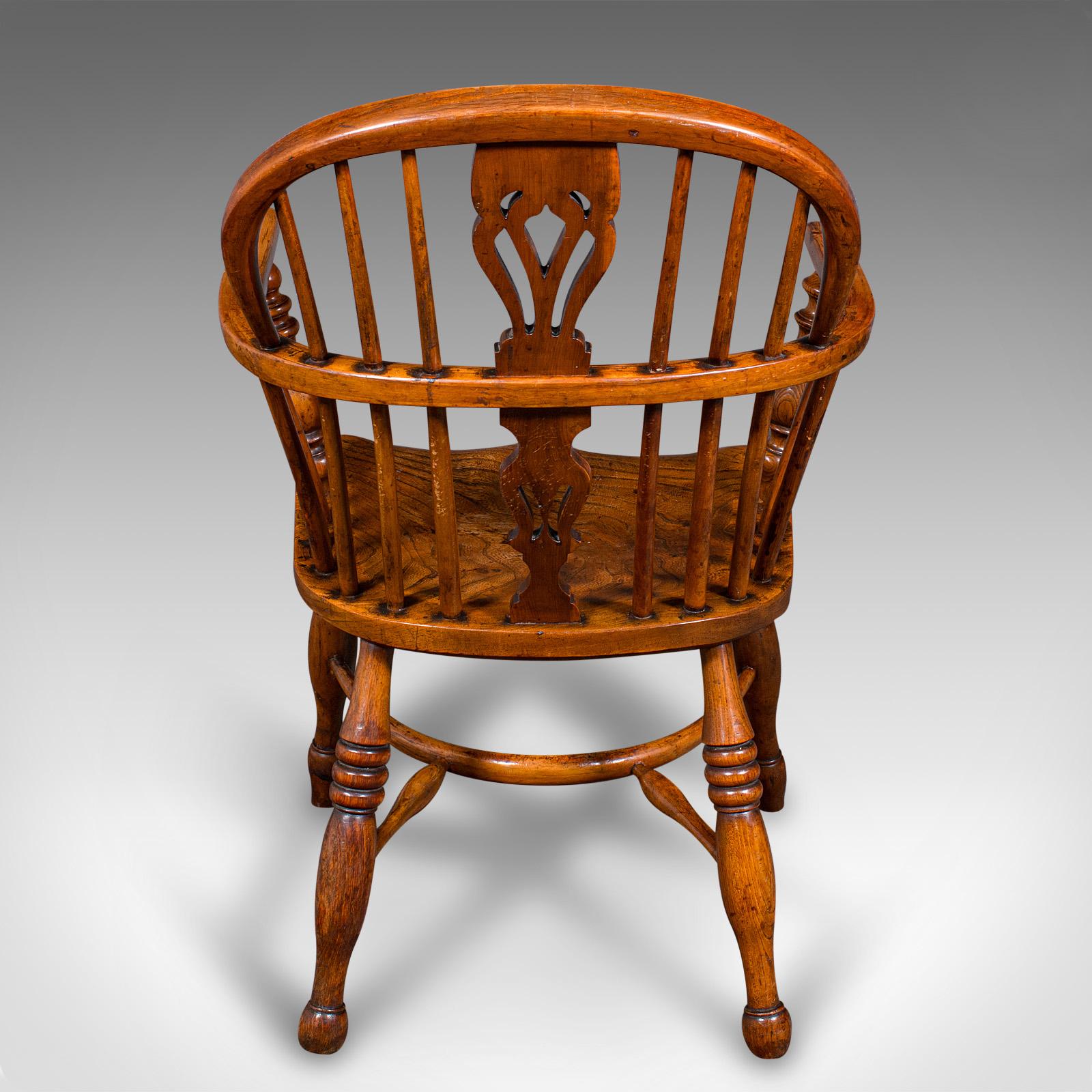 19th Century Antique Low Back Windsor Chair, English, Elm, Yew, Elbow, Armchair, Victorian