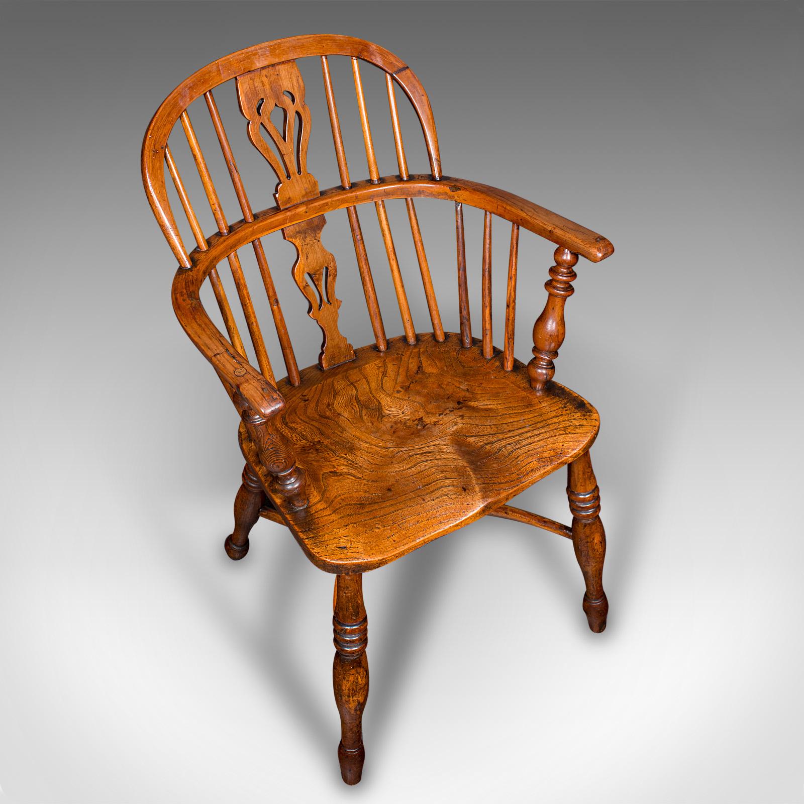 Antique Low Back Windsor Chair, English, Elm, Yew, Elbow, Armchair, Victorian 1