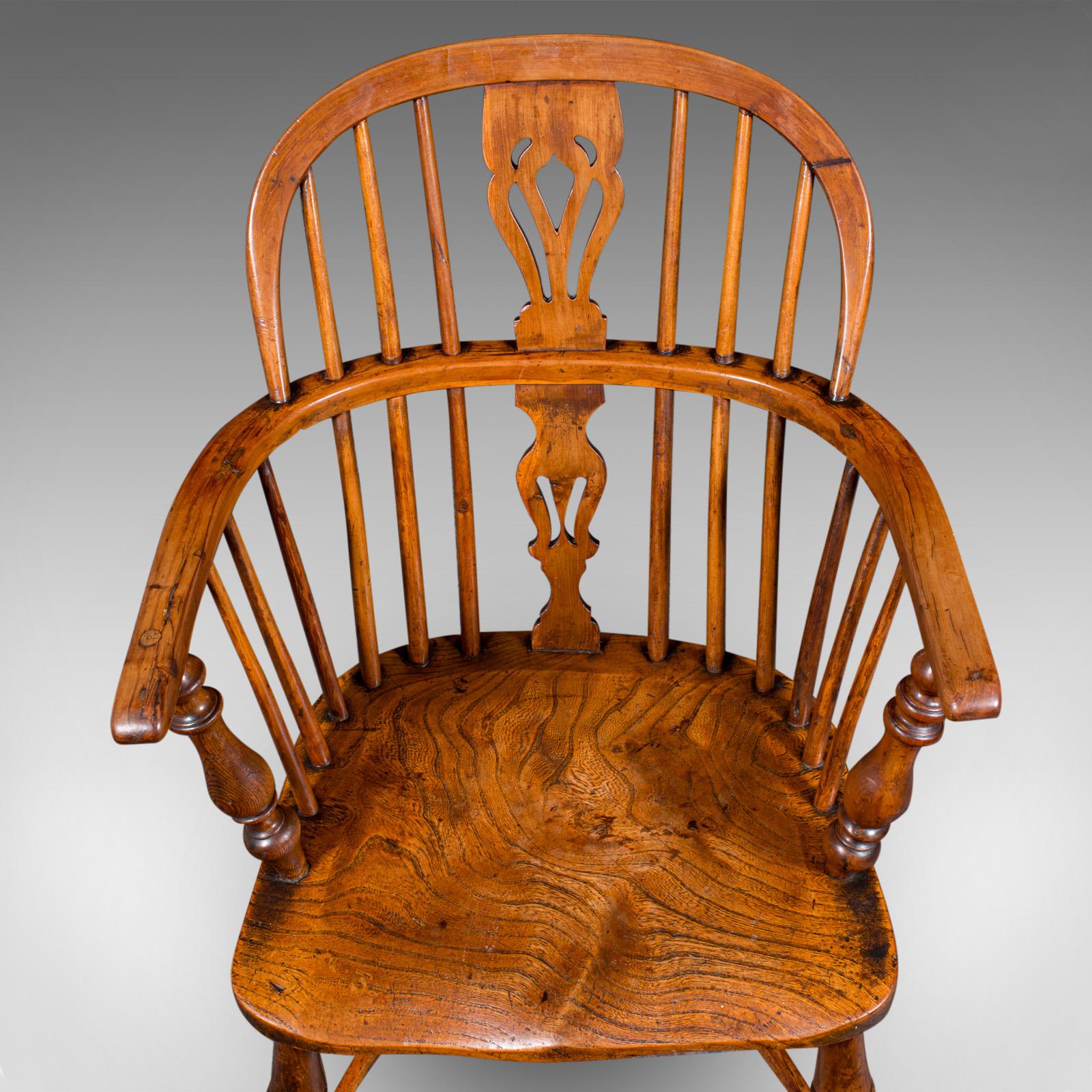 Antique Low Back Windsor Chair, English, Elm, Yew, Elbow, Armchair, Victorian 2