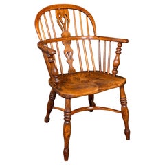 Antique Low Back Windsor Chair, English, Elm, Yew, Elbow, Armchair, Victorian