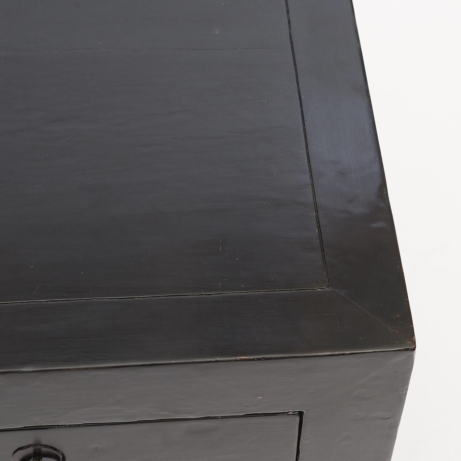 Antique Low Black Lacquer Chinese Kang Cabinet, Double Doors and 4 Drawers 2