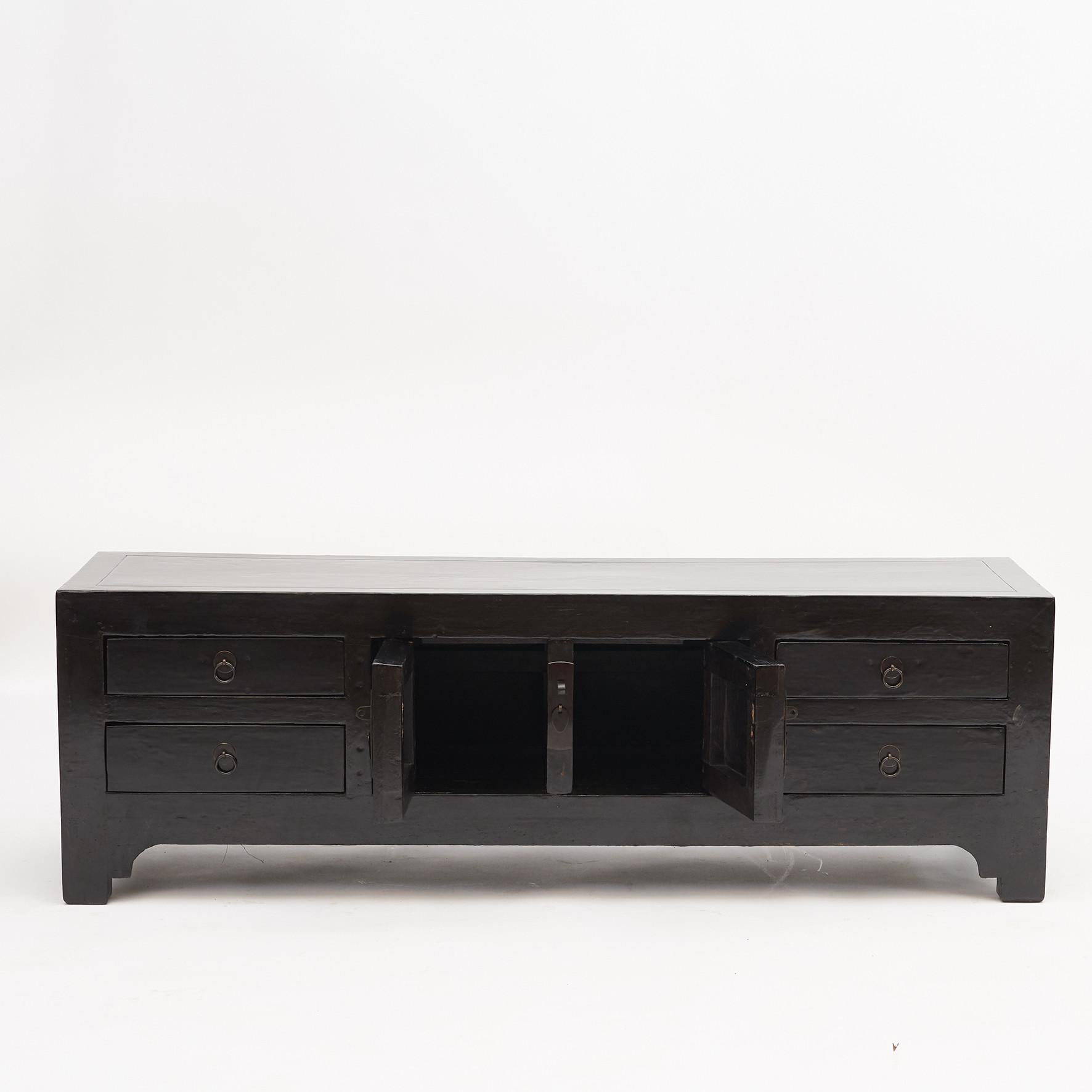 Qing Antique Low Black Lacquer Chinese Kang Cabinet, Double Doors and 4 Drawers