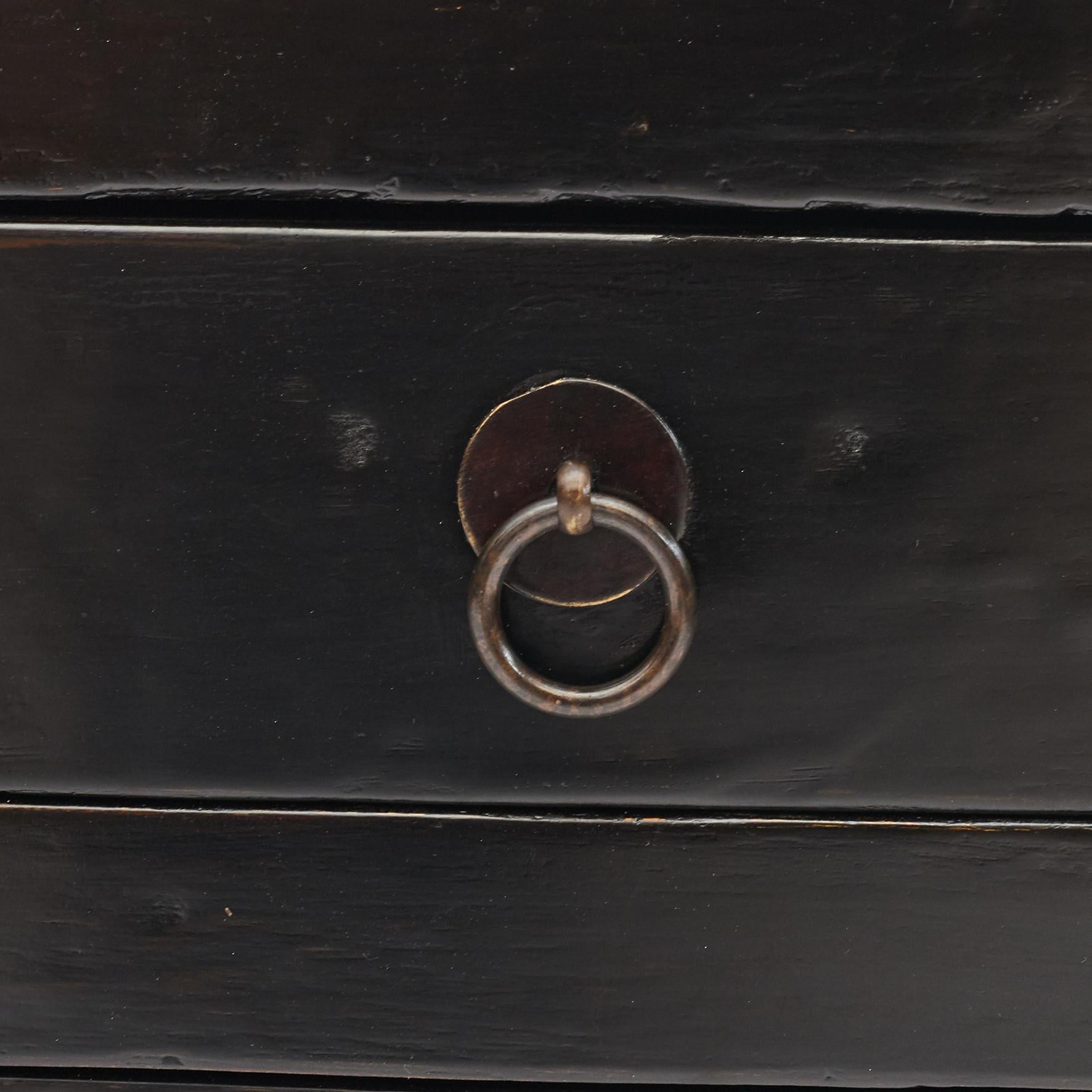 19th Century Antique Low Black Lacquer Chinese Kang Cabinet, Double Doors and 4 Drawers