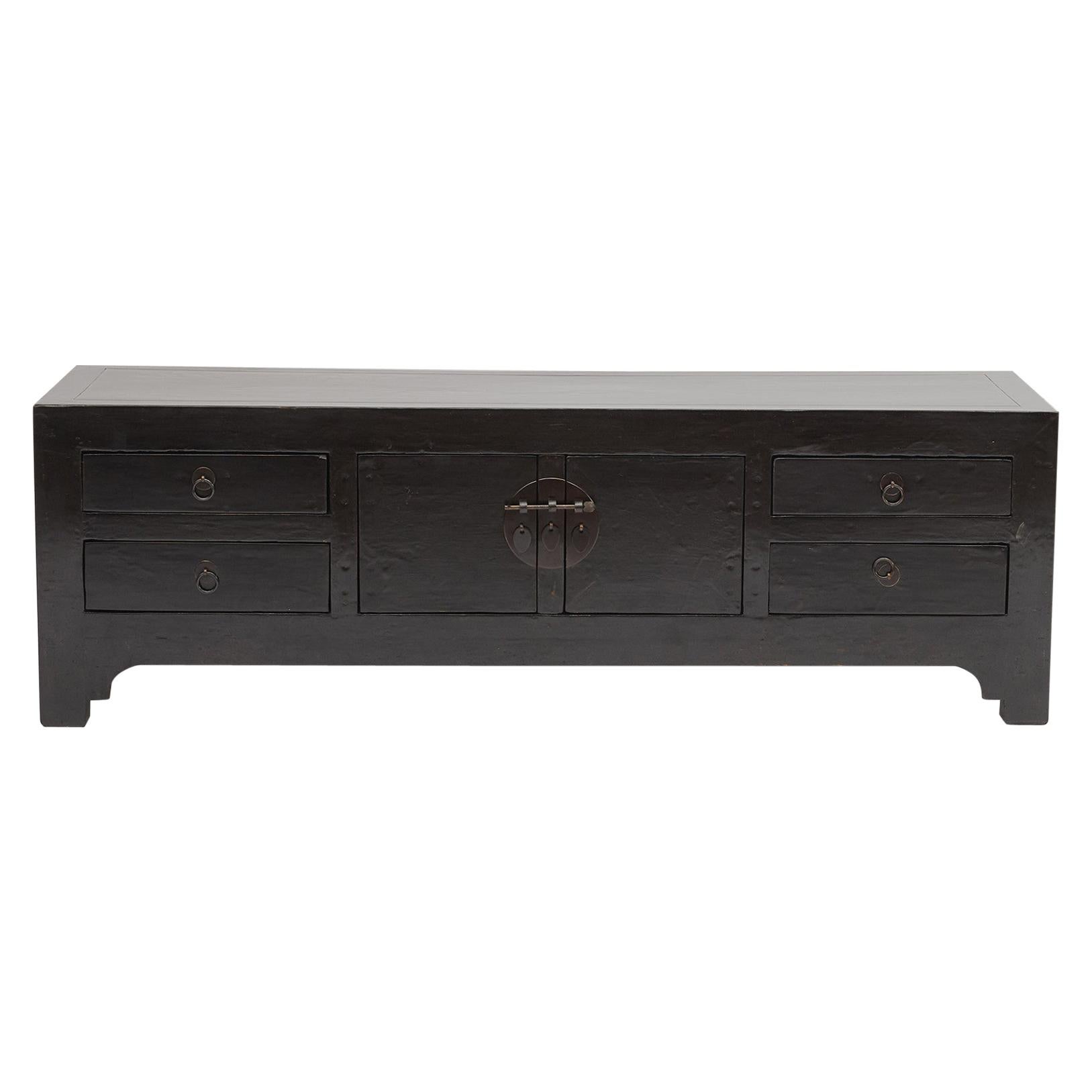 Antique Low Black Lacquer Chinese Kang Cabinet, Double Doors and 4 Drawers