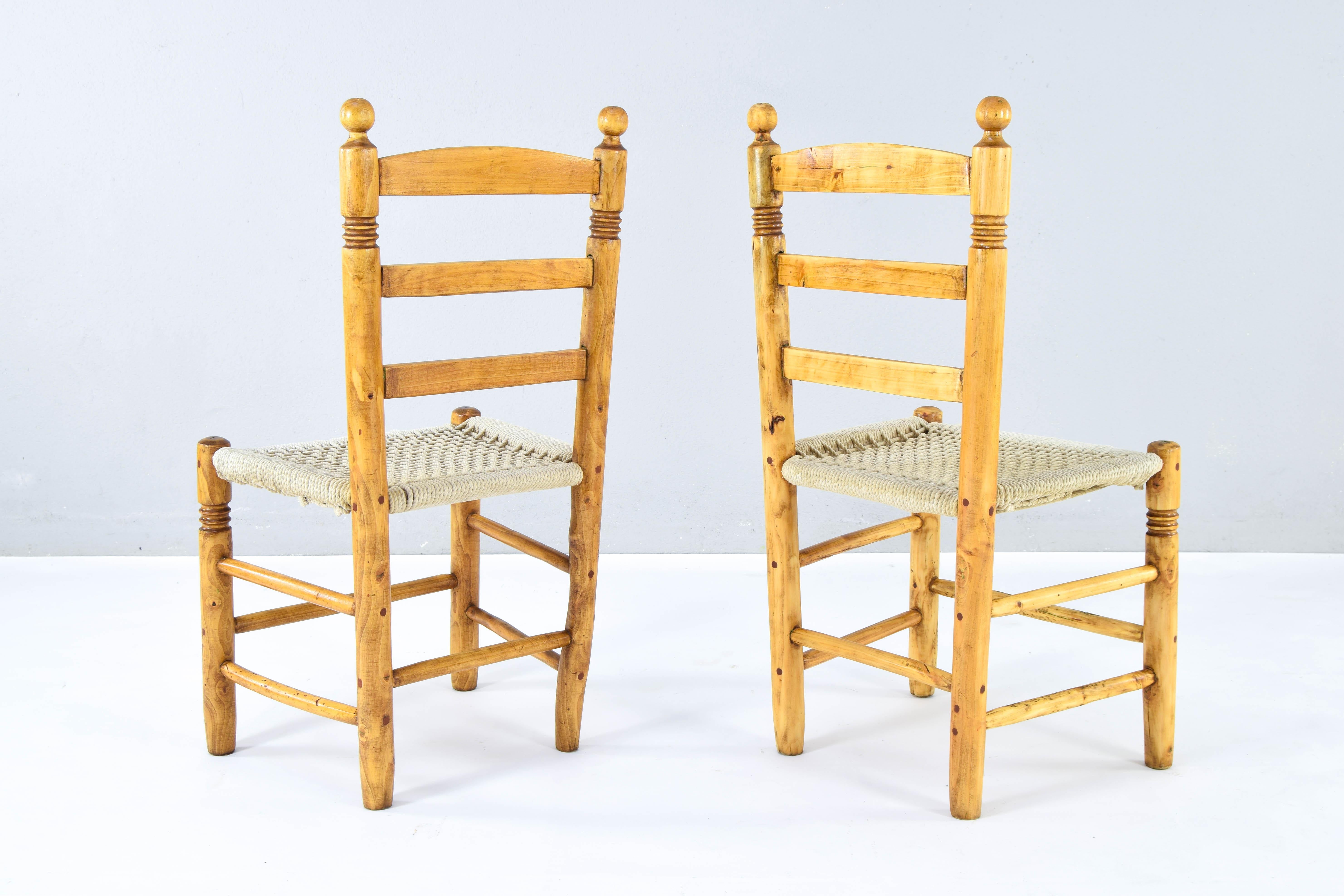 Early 20th Century Antique low Traditional Andalusian Mediterranean Chairs made of Wood and Rope For Sale