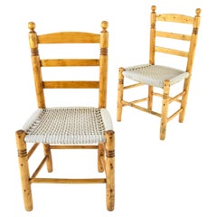 Antique low Traditional Andalusian Mediterranean Chairs made of Wood and Rope