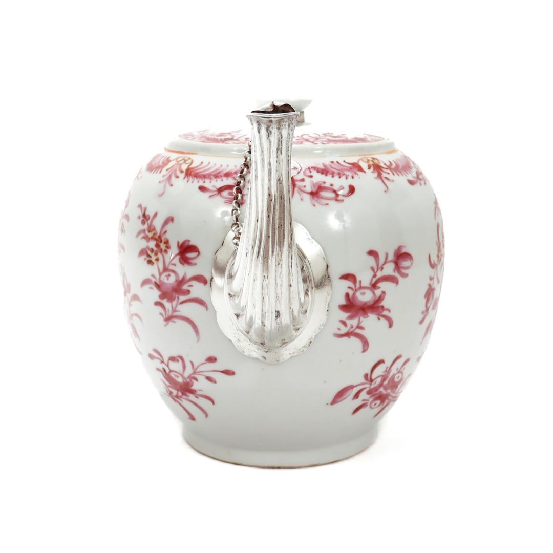 Silver Antique Lowestoft Chinese Export Famille Rose Porcelain Make-Do Teapot For Sale