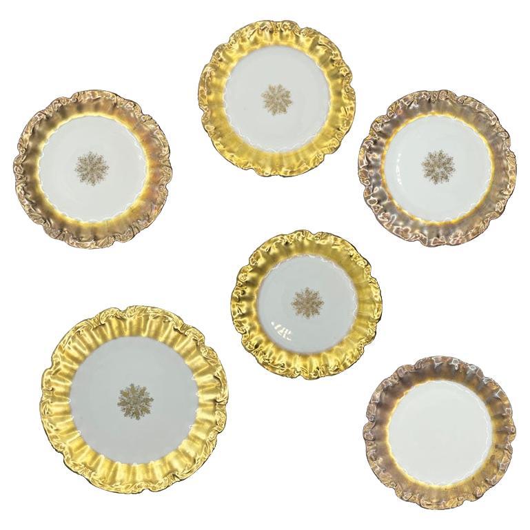 Antichi piatti da pranzo LS & S Limoges con fiocco di neve in oro - Set di 6 piatti fine 1800
