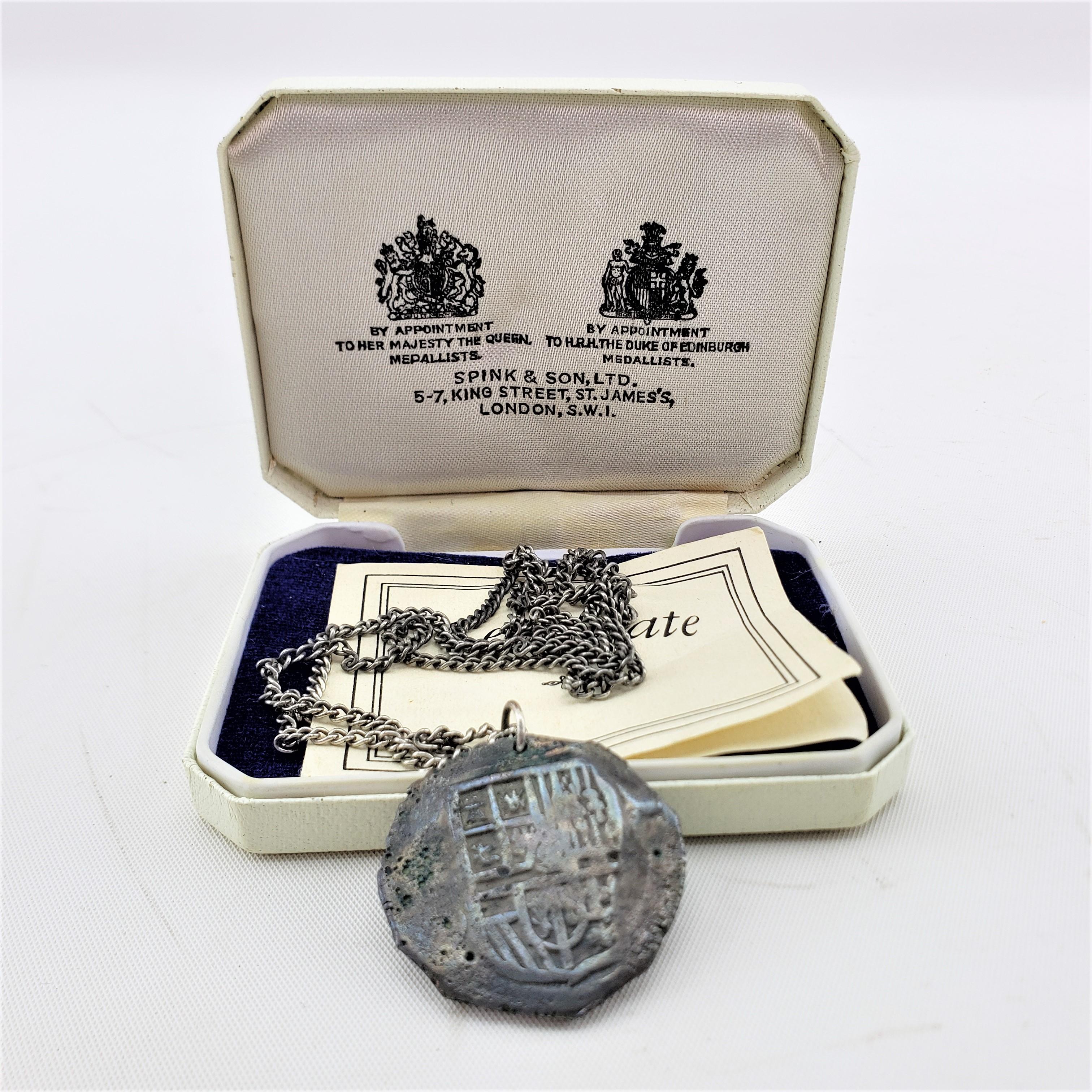 This antique coin came from the famous Lacayan Beach discovery of a hoard of Medieval Spanish coins dating to 1628. The coins or reales were marketed bySpink & Sons of England and come in a velvet lined box with a Certificate of Authenticity. This