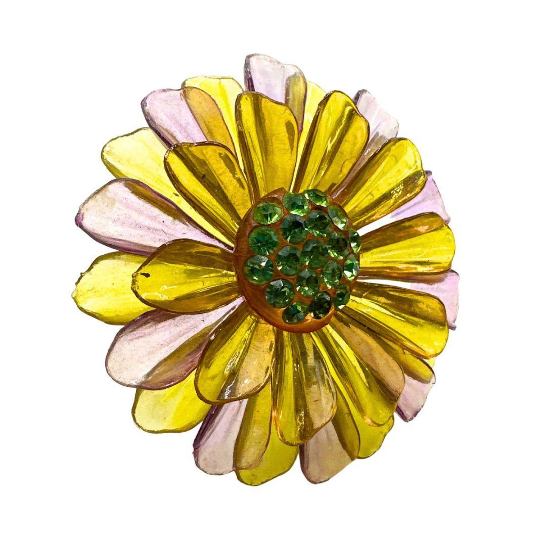 Brooch Diameter: 2.88″

Bin Code:N6 / P13

Step back in time with this breathtaking Antique Beautiful Lucite Flower Brooch from the 1800s. Crafted with intricate details and a touch of vintage elegance, this brooch is a true treasure for collectors